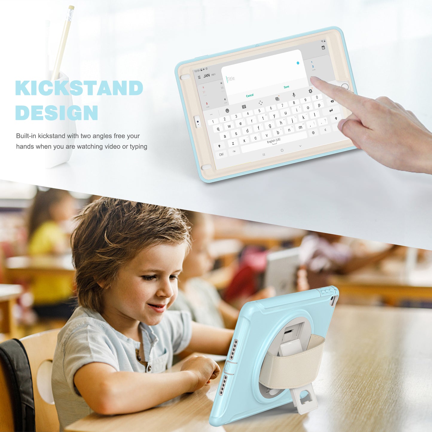 For iPad 9.7-inch (2017)/(2018)/iPad Pro 9.7-inch (2016)/iPad Air (2013)/Air 2 PC + Silicone Case Rotary Kickstand Tablet Protective Cover with Hand Strap