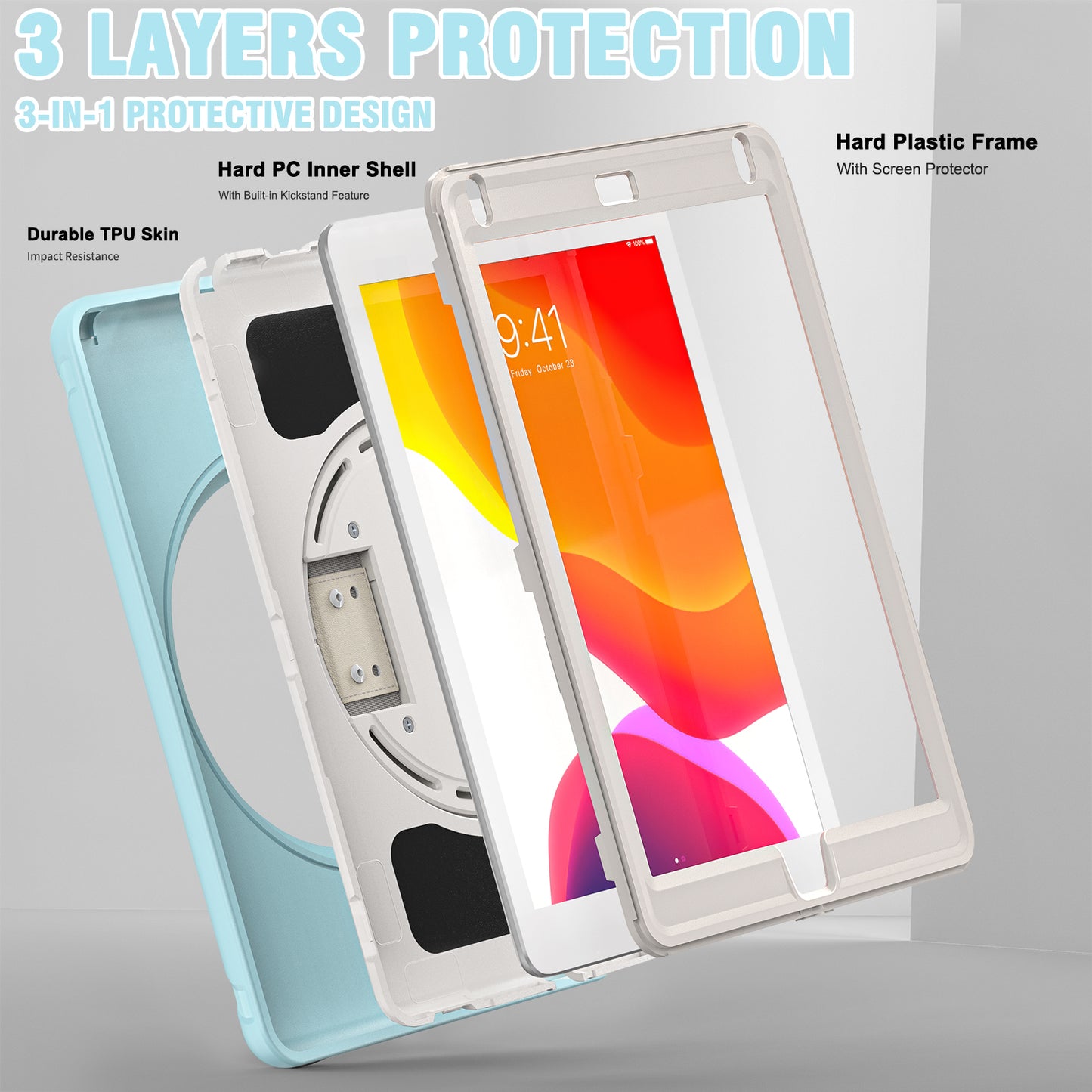 For iPad 9.7-inch (2017)/(2018)/iPad Pro 9.7-inch (2016)/iPad Air (2013)/Air 2 PC + Silicone Case Rotary Kickstand Tablet Protective Cover with Hand Strap