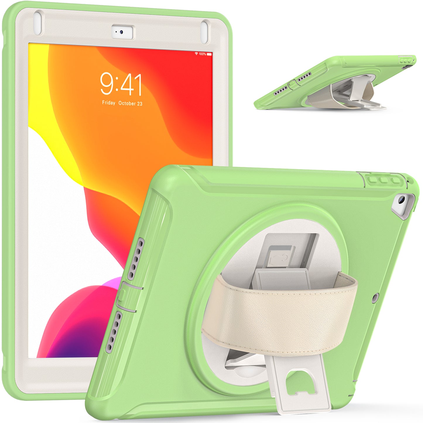 For iPad 9.7-inch (2017)/(2018)/iPad Pro 9.7-inch (2016)/iPad Air (2013)/Air 2 PC + Silicone Case Rotary Kickstand Tablet Protective Cover with Hand Strap