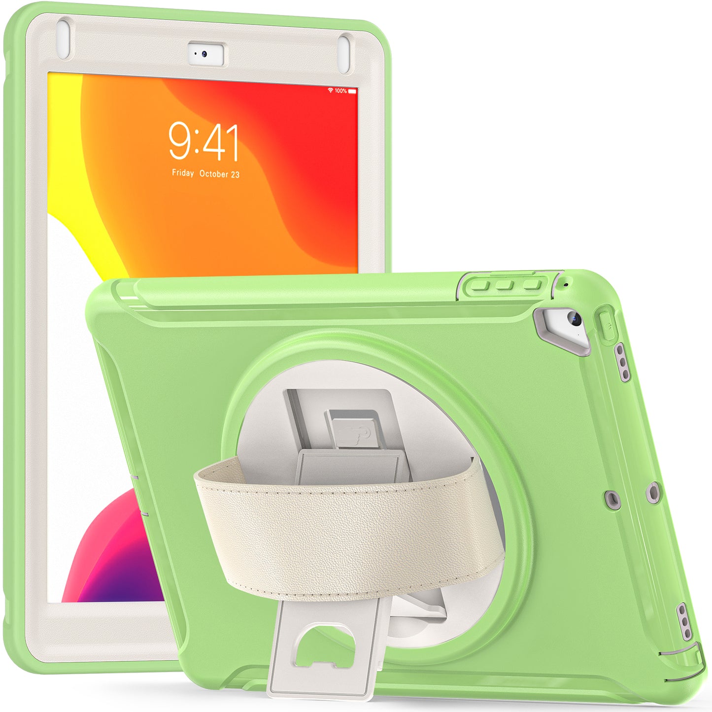 For iPad 9.7-inch (2017)/(2018)/iPad Pro 9.7-inch (2016)/iPad Air (2013)/Air 2 PC + Silicone Case Rotary Kickstand Tablet Protective Cover with Hand Strap
