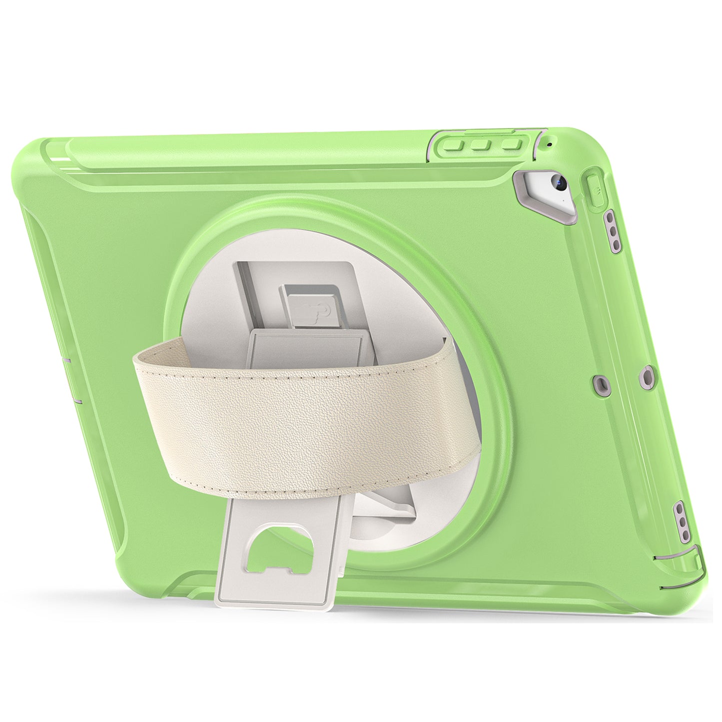 For iPad 9.7-inch (2017)/(2018)/iPad Pro 9.7-inch (2016)/iPad Air (2013)/Air 2 PC + Silicone Case Rotary Kickstand Tablet Protective Cover with Hand Strap