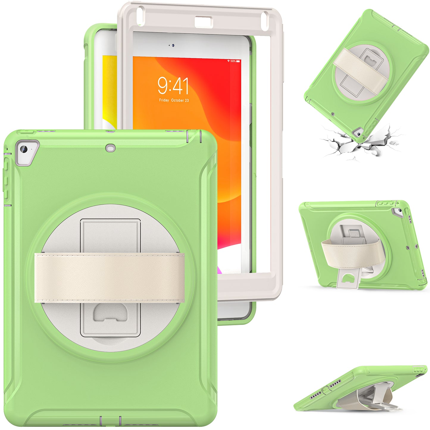 For iPad 9.7-inch (2017)/(2018)/iPad Pro 9.7-inch (2016)/iPad Air (2013)/Air 2 PC + Silicone Case Rotary Kickstand Tablet Protective Cover with Hand Strap
