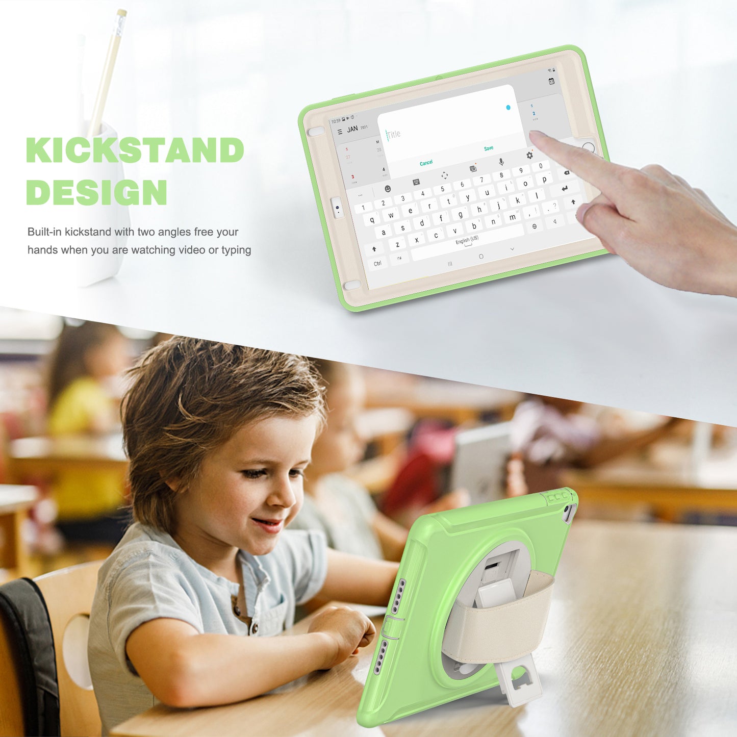 For iPad 9.7-inch (2017)/(2018)/iPad Pro 9.7-inch (2016)/iPad Air (2013)/Air 2 PC + Silicone Case Rotary Kickstand Tablet Protective Cover with Hand Strap