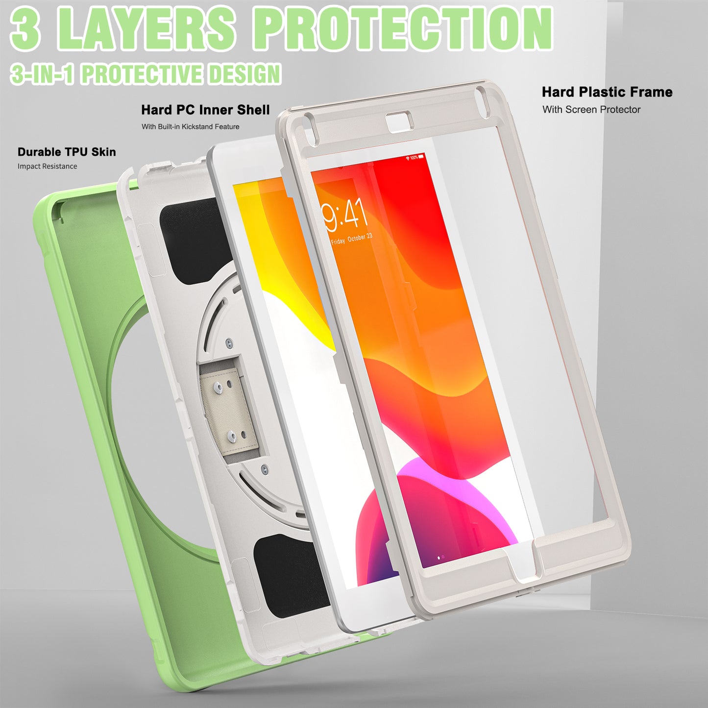 For iPad 9.7-inch (2017)/(2018)/iPad Pro 9.7-inch (2016)/iPad Air (2013)/Air 2 PC + Silicone Case Rotary Kickstand Tablet Protective Cover with Hand Strap