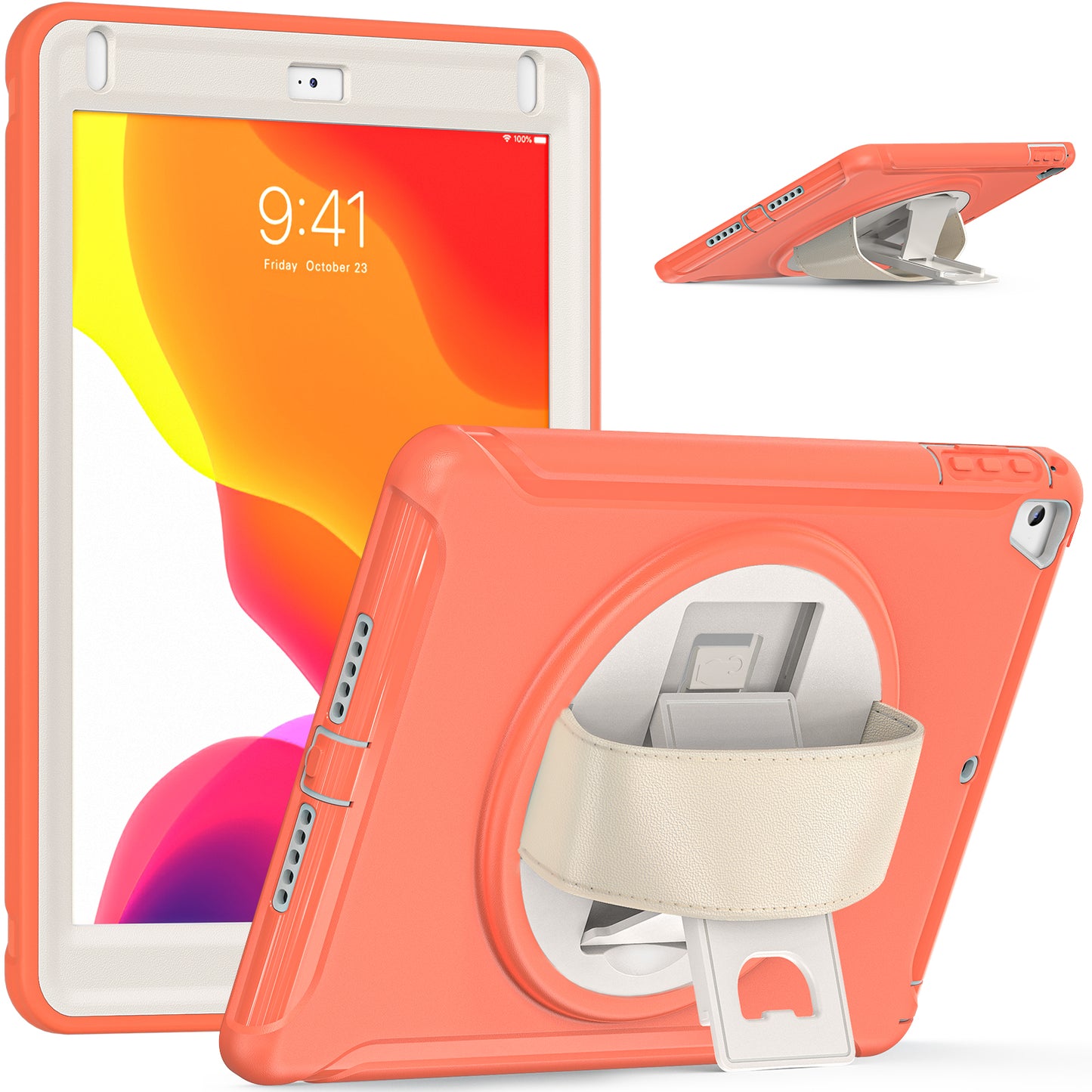 For iPad 9.7-inch (2017)/(2018)/iPad Pro 9.7-inch (2016)/iPad Air (2013)/Air 2 PC + Silicone Case Rotary Kickstand Tablet Protective Cover with Hand Strap