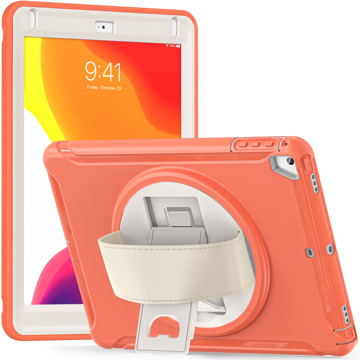 For iPad 9.7-inch (2017)/(2018)/iPad Pro 9.7-inch (2016)/iPad Air (2013)/Air 2 PC + Silicone Case Rotary Kickstand Tablet Protective Cover with Hand Strap