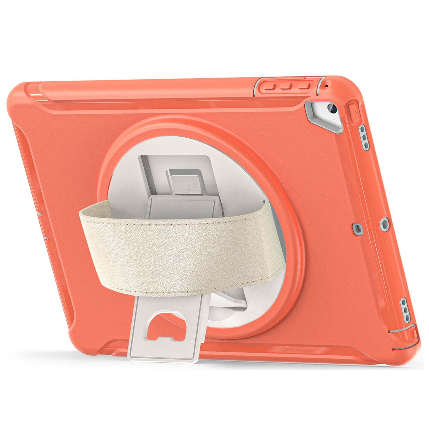 For iPad 9.7-inch (2017)/(2018)/iPad Pro 9.7-inch (2016)/iPad Air (2013)/Air 2 PC + Silicone Case Rotary Kickstand Tablet Protective Cover with Hand Strap