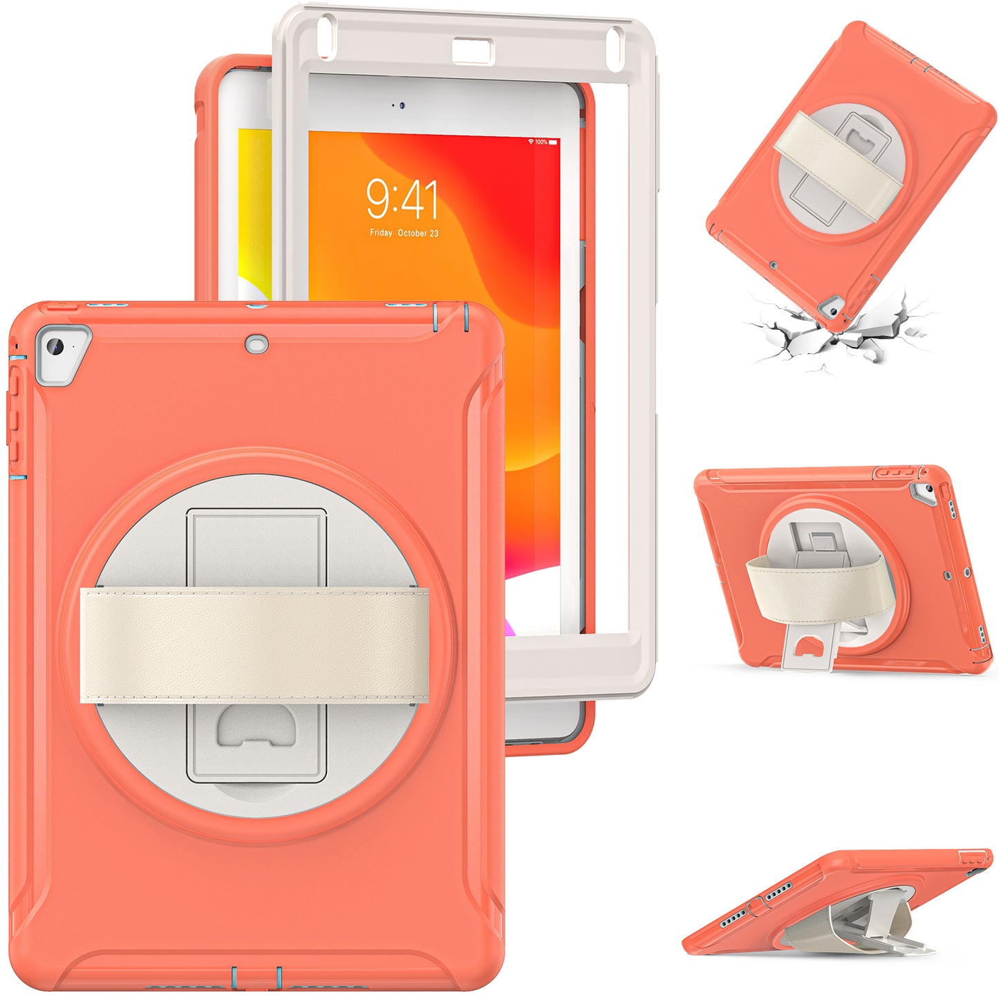 For iPad 9.7-inch (2017)/(2018)/iPad Pro 9.7-inch (2016)/iPad Air (2013)/Air 2 PC + Silicone Case Rotary Kickstand Tablet Protective Cover with Hand Strap