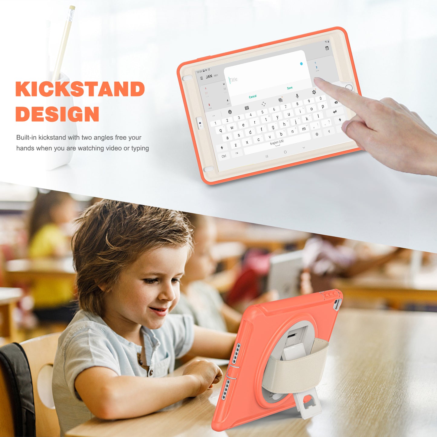 For iPad 9.7-inch (2017)/(2018)/iPad Pro 9.7-inch (2016)/iPad Air (2013)/Air 2 PC + Silicone Case Rotary Kickstand Tablet Protective Cover with Hand Strap