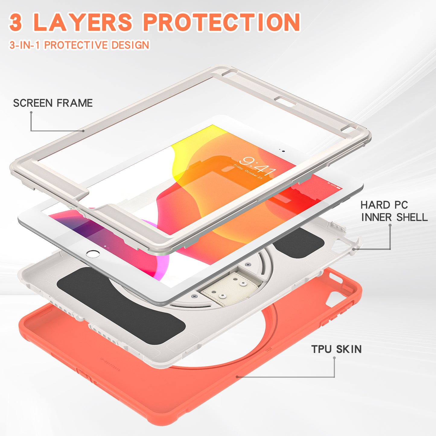 For iPad 9.7-inch (2017)/(2018)/iPad Pro 9.7-inch (2016)/iPad Air (2013)/Air 2 PC + Silicone Case Rotary Kickstand Tablet Protective Cover with Hand Strap