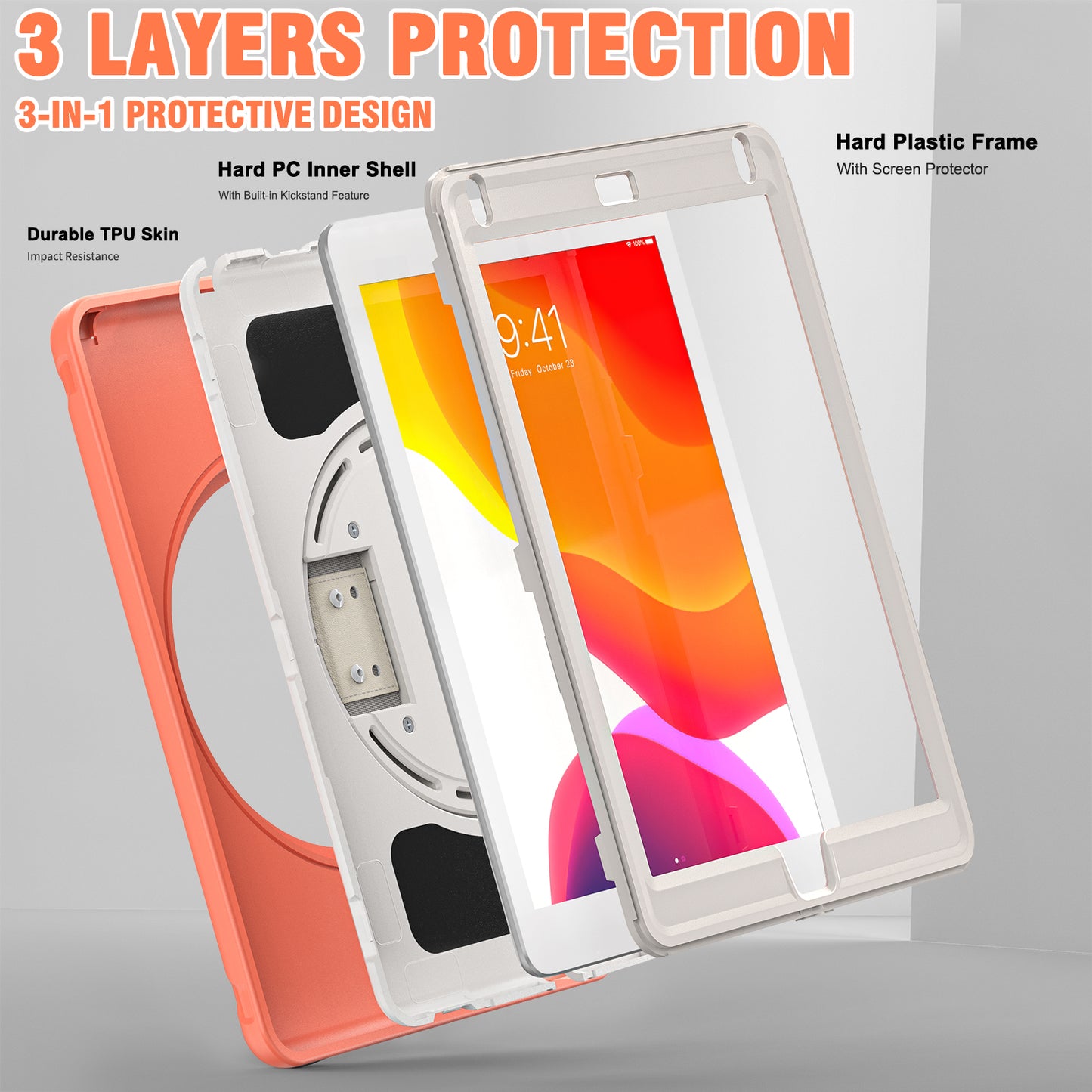 For iPad 9.7-inch (2017)/(2018)/iPad Pro 9.7-inch (2016)/iPad Air (2013)/Air 2 PC + Silicone Case Rotary Kickstand Tablet Protective Cover with Hand Strap