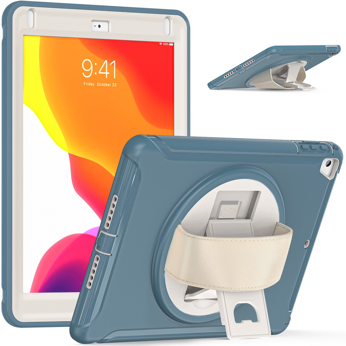 For iPad 9.7-inch (2017)/(2018)/iPad Pro 9.7-inch (2016)/iPad Air (2013)/Air 2 PC + Silicone Case Rotary Kickstand Tablet Protective Cover with Hand Strap