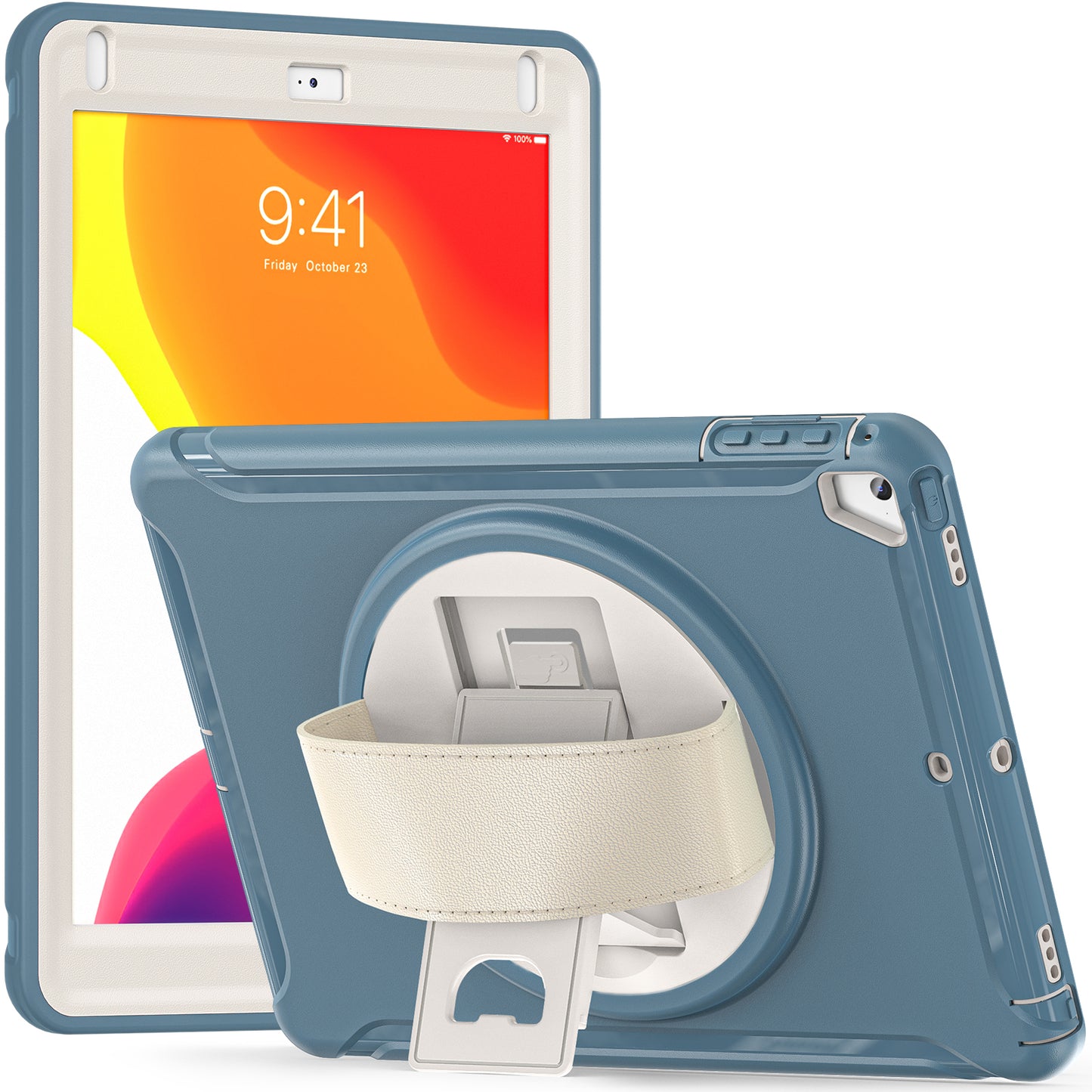 For iPad 9.7-inch (2017)/(2018)/iPad Pro 9.7-inch (2016)/iPad Air (2013)/Air 2 PC + Silicone Case Rotary Kickstand Tablet Protective Cover with Hand Strap