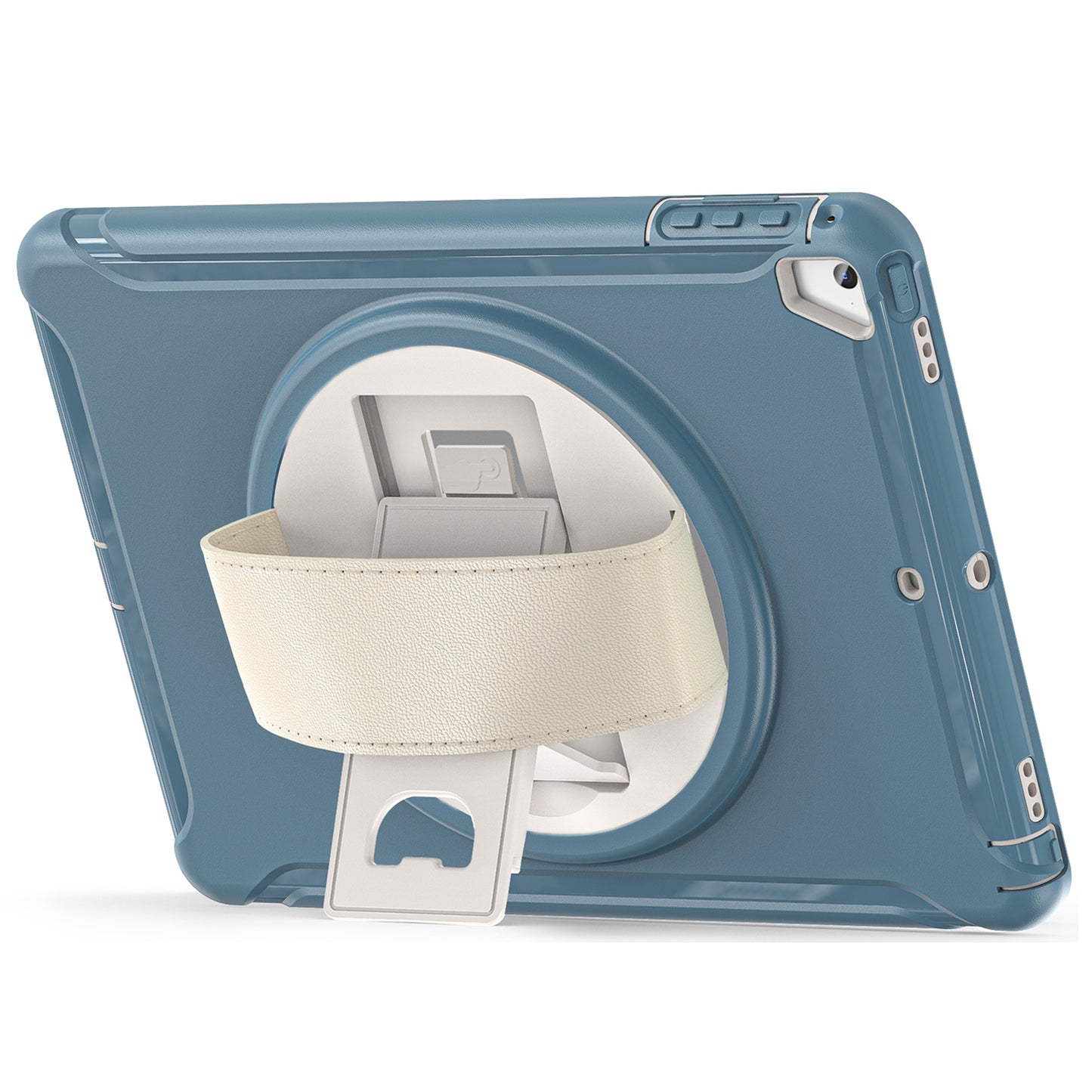 For iPad 9.7-inch (2017)/(2018)/iPad Pro 9.7-inch (2016)/iPad Air (2013)/Air 2 PC + Silicone Case Rotary Kickstand Tablet Protective Cover with Hand Strap