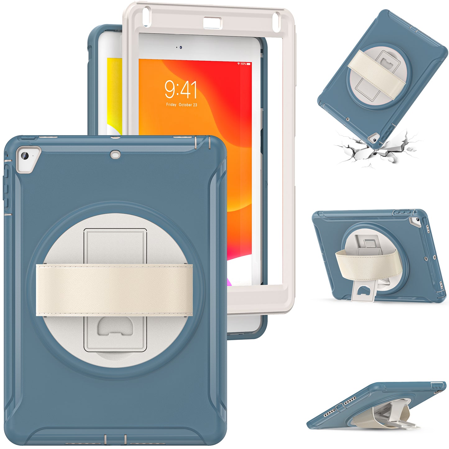 For iPad 9.7-inch (2017)/(2018)/iPad Pro 9.7-inch (2016)/iPad Air (2013)/Air 2 PC + Silicone Case Rotary Kickstand Tablet Protective Cover with Hand Strap