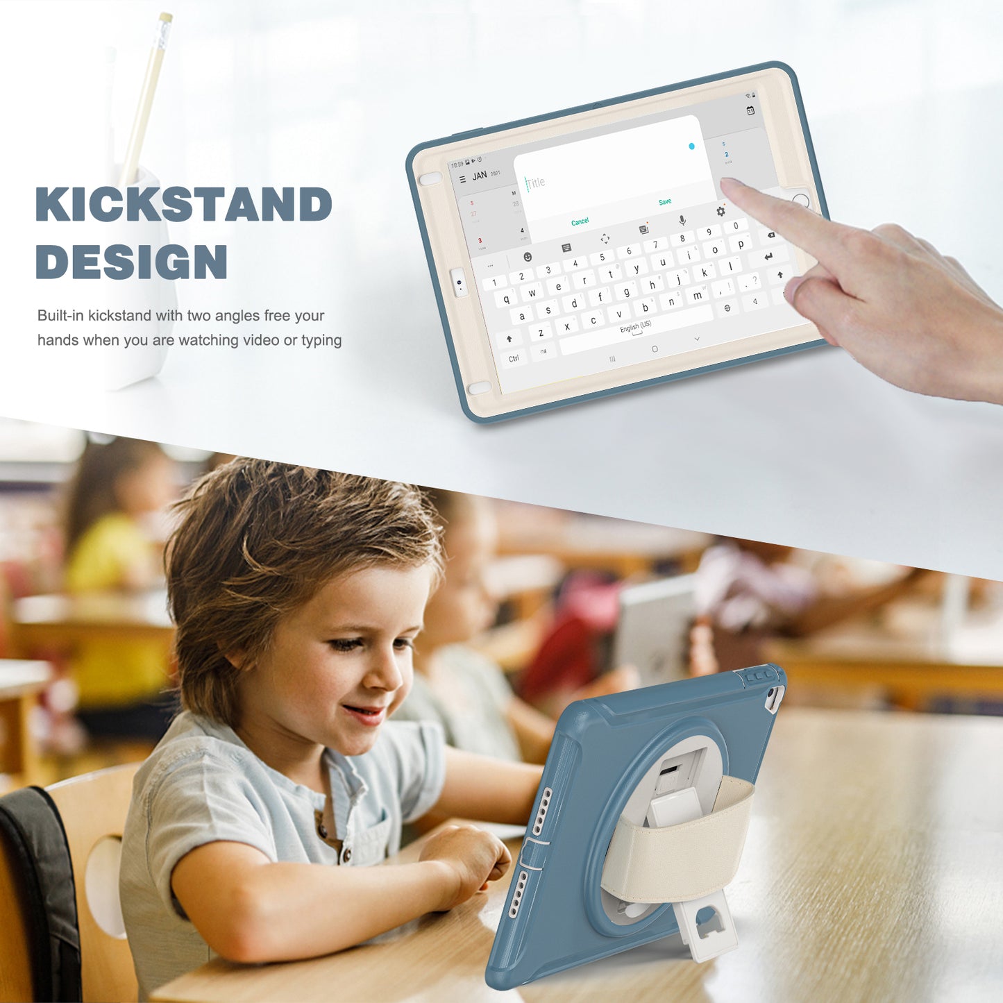 For iPad 9.7-inch (2017)/(2018)/iPad Pro 9.7-inch (2016)/iPad Air (2013)/Air 2 PC + Silicone Case Rotary Kickstand Tablet Protective Cover with Hand Strap