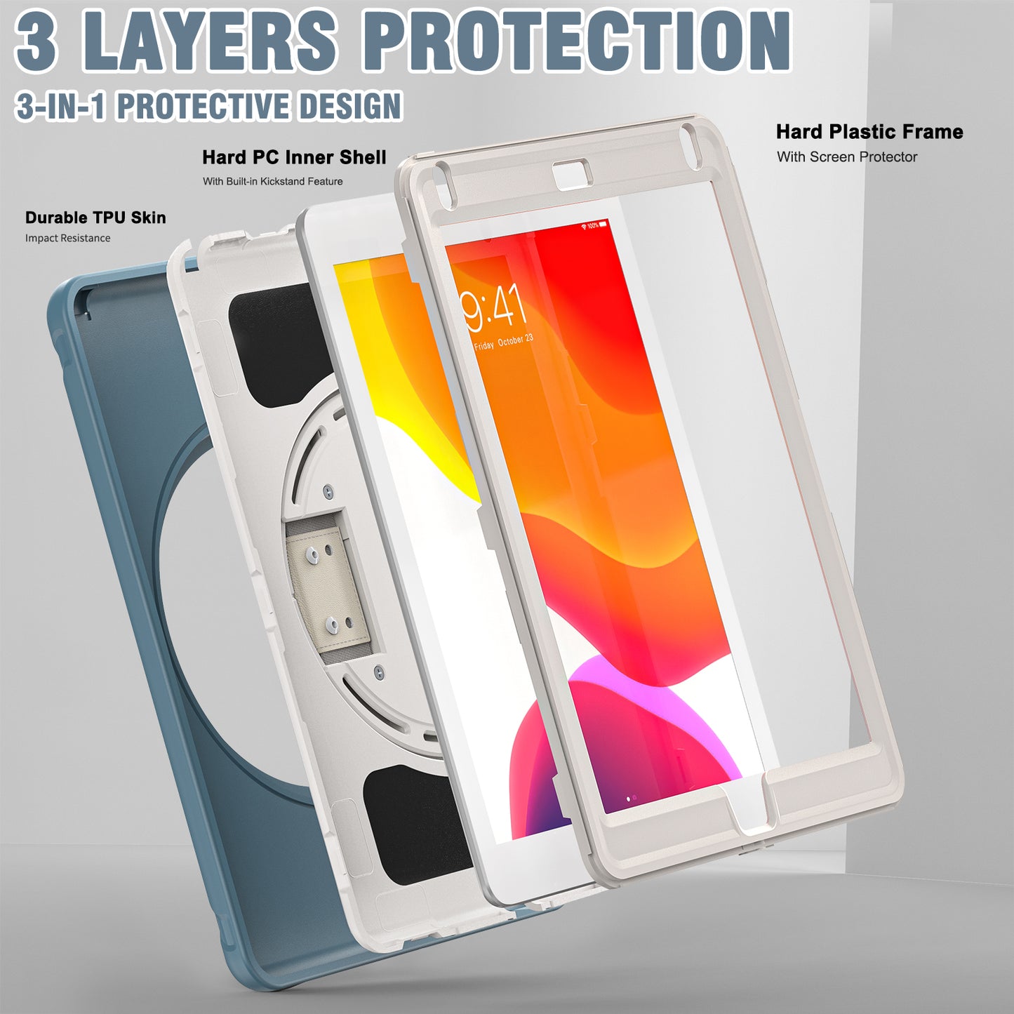 For iPad 9.7-inch (2017)/(2018)/iPad Pro 9.7-inch (2016)/iPad Air (2013)/Air 2 PC + Silicone Case Rotary Kickstand Tablet Protective Cover with Hand Strap