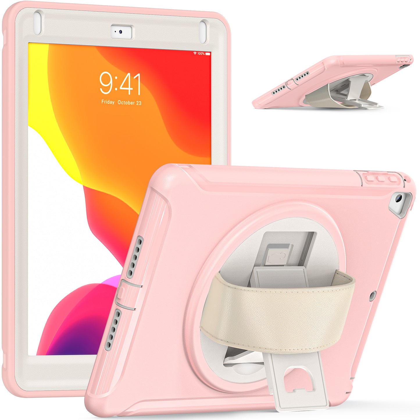 For iPad 9.7-inch (2017)/(2018)/iPad Pro 9.7-inch (2016)/iPad Air (2013)/Air 2 PC + Silicone Case Rotary Kickstand Tablet Protective Cover with Hand Strap