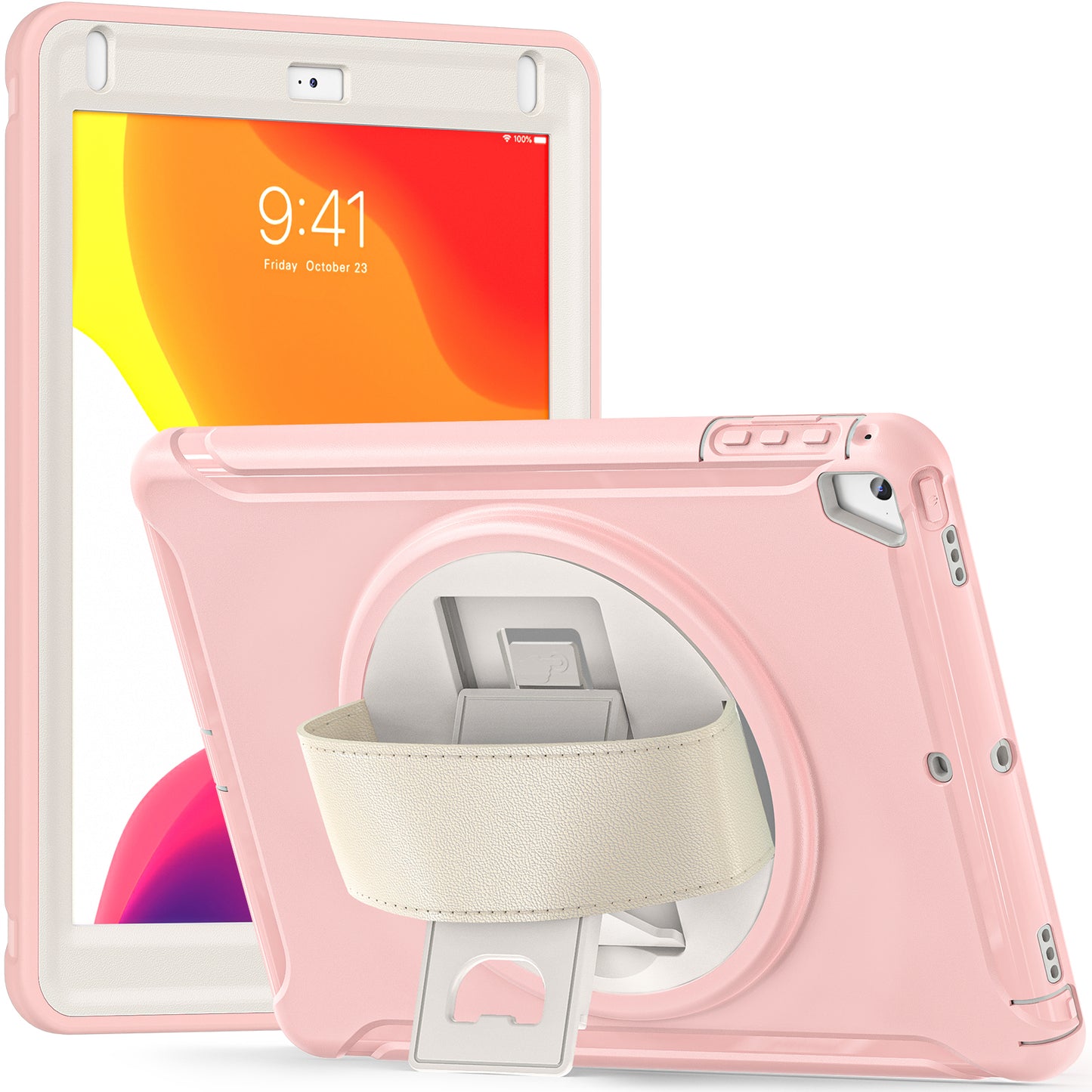 For iPad 9.7-inch (2017)/(2018)/iPad Pro 9.7-inch (2016)/iPad Air (2013)/Air 2 PC + Silicone Case Rotary Kickstand Tablet Protective Cover with Hand Strap