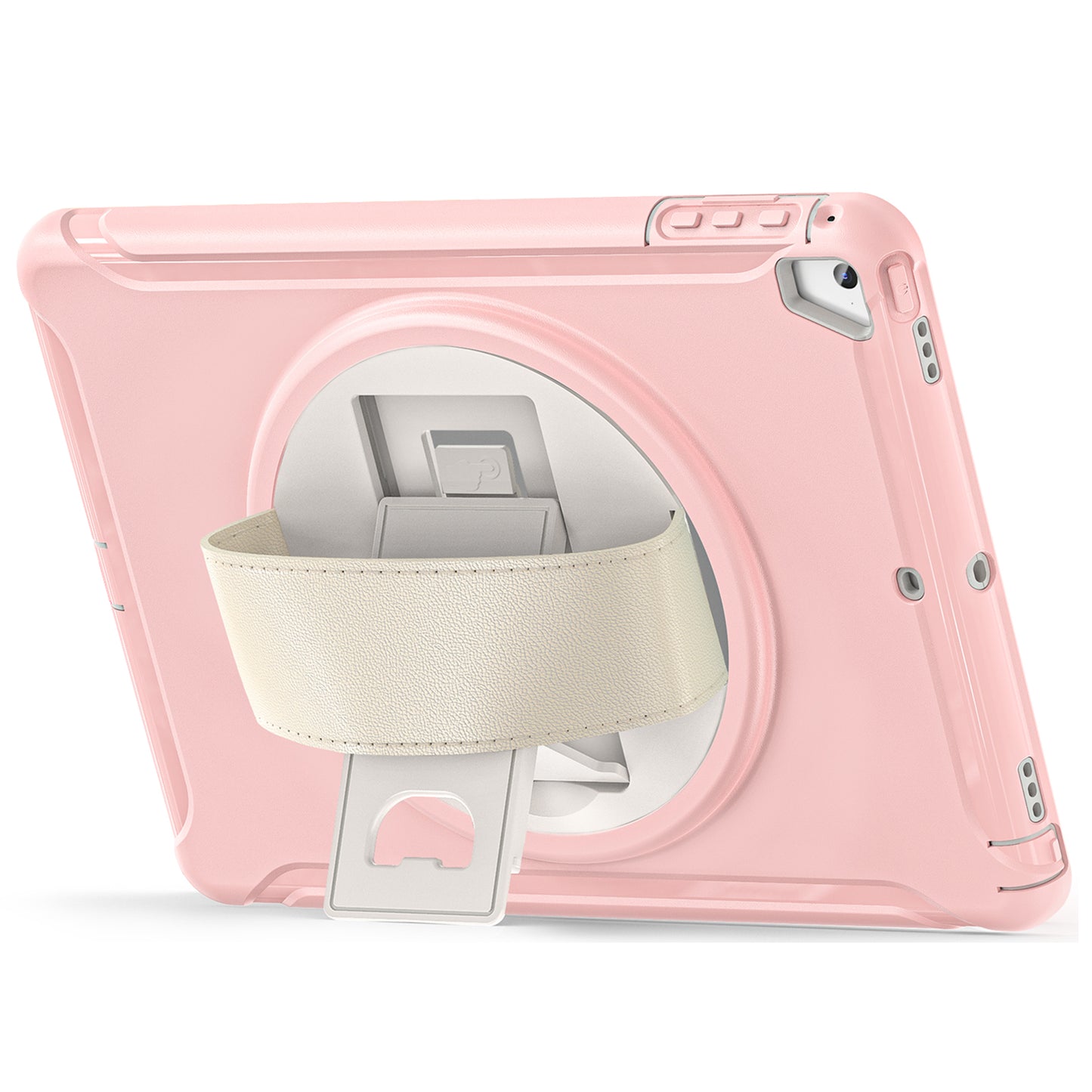 For iPad 9.7-inch (2017)/(2018)/iPad Pro 9.7-inch (2016)/iPad Air (2013)/Air 2 PC + Silicone Case Rotary Kickstand Tablet Protective Cover with Hand Strap