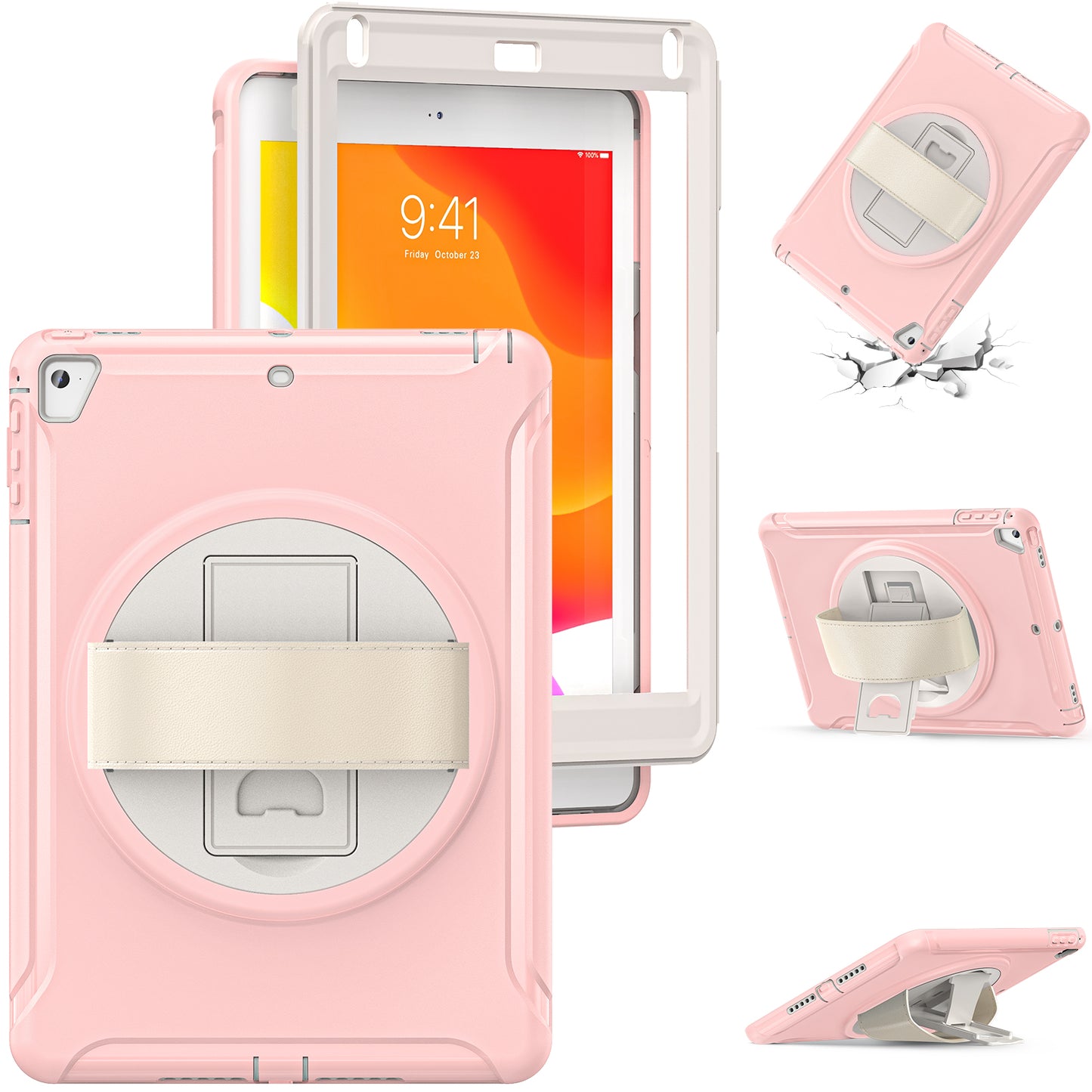 For iPad 9.7-inch (2017)/(2018)/iPad Pro 9.7-inch (2016)/iPad Air (2013)/Air 2 PC + Silicone Case Rotary Kickstand Tablet Protective Cover with Hand Strap