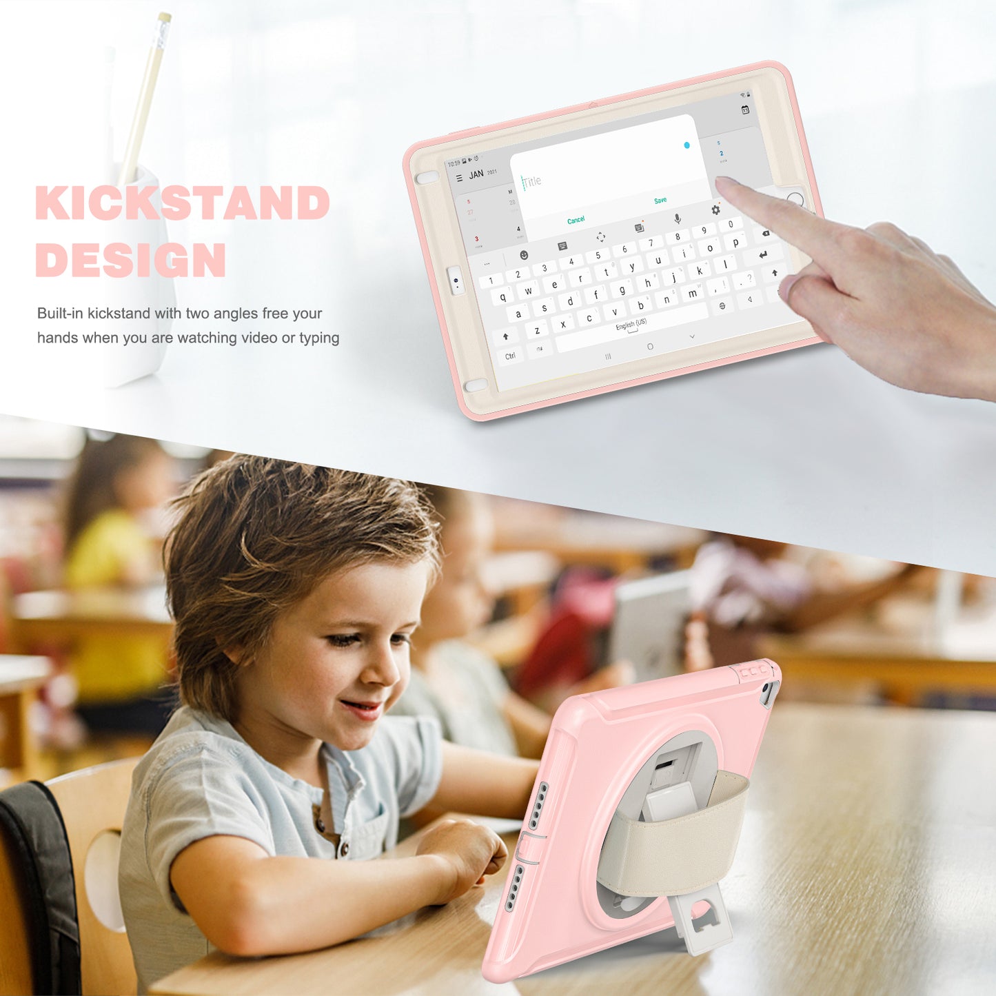 For iPad 9.7-inch (2017)/(2018)/iPad Pro 9.7-inch (2016)/iPad Air (2013)/Air 2 PC + Silicone Case Rotary Kickstand Tablet Protective Cover with Hand Strap