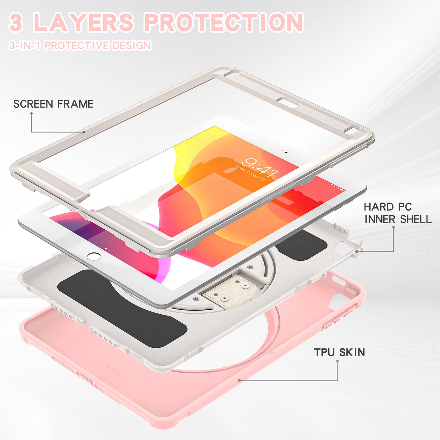 For iPad 9.7-inch (2017)/(2018)/iPad Pro 9.7-inch (2016)/iPad Air (2013)/Air 2 PC + Silicone Case Rotary Kickstand Tablet Protective Cover with Hand Strap