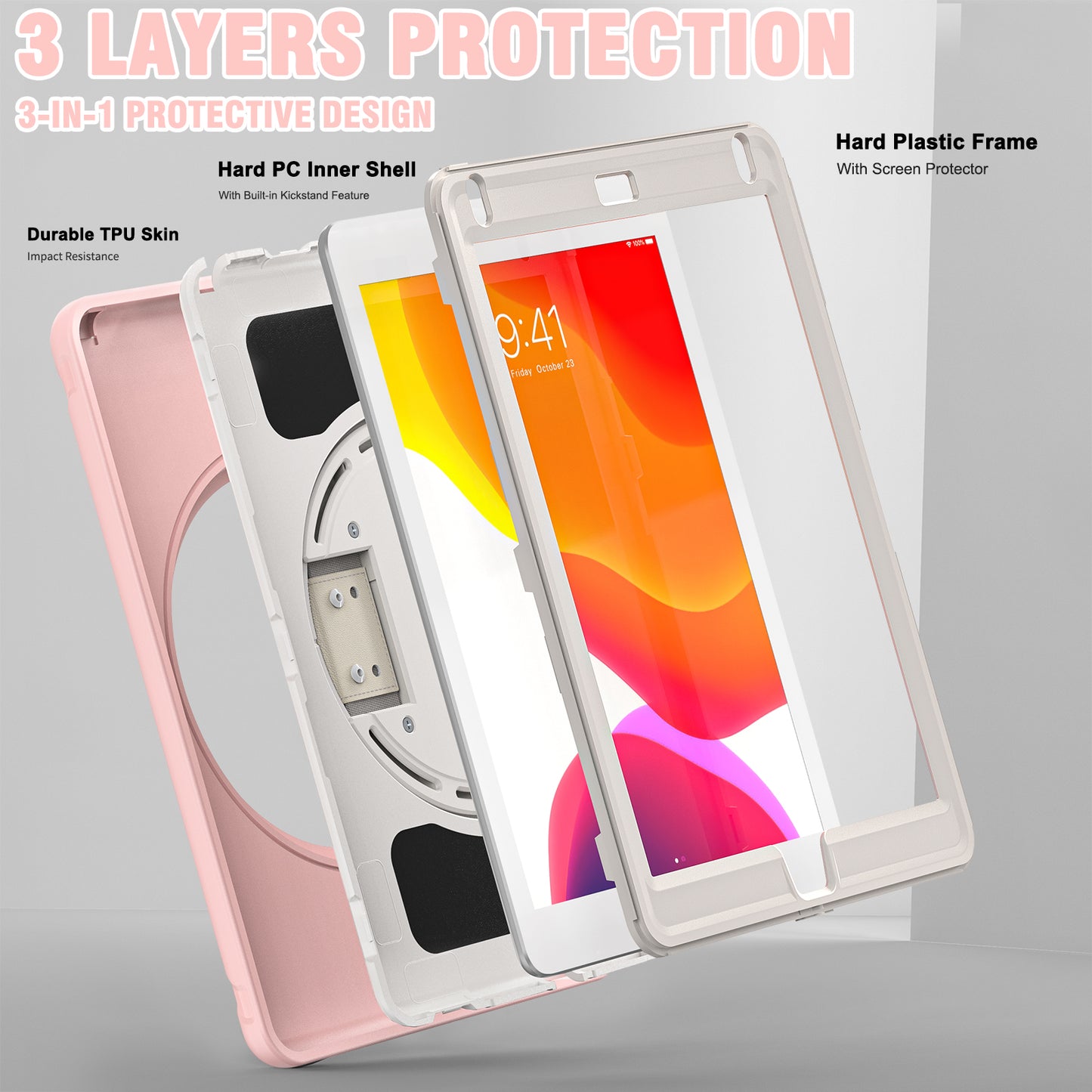 For iPad 9.7-inch (2017)/(2018)/iPad Pro 9.7-inch (2016)/iPad Air (2013)/Air 2 PC + Silicone Case Rotary Kickstand Tablet Protective Cover with Hand Strap
