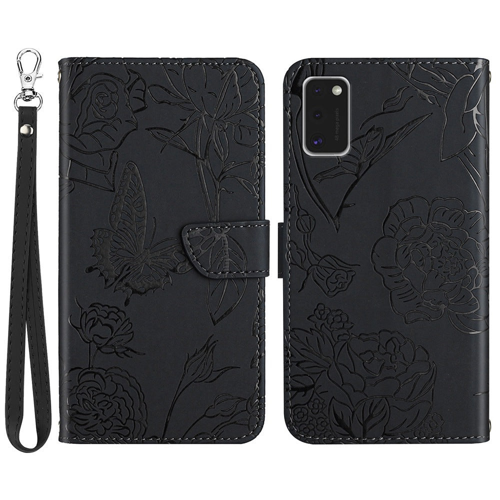 For Samsung Galaxy A41 (Global Version) Butterfly Flower Imprinted PU Leather Wallet Phone Cover TPU Inner Shell Skin-touch Feeling Stand Folio Case with Strap