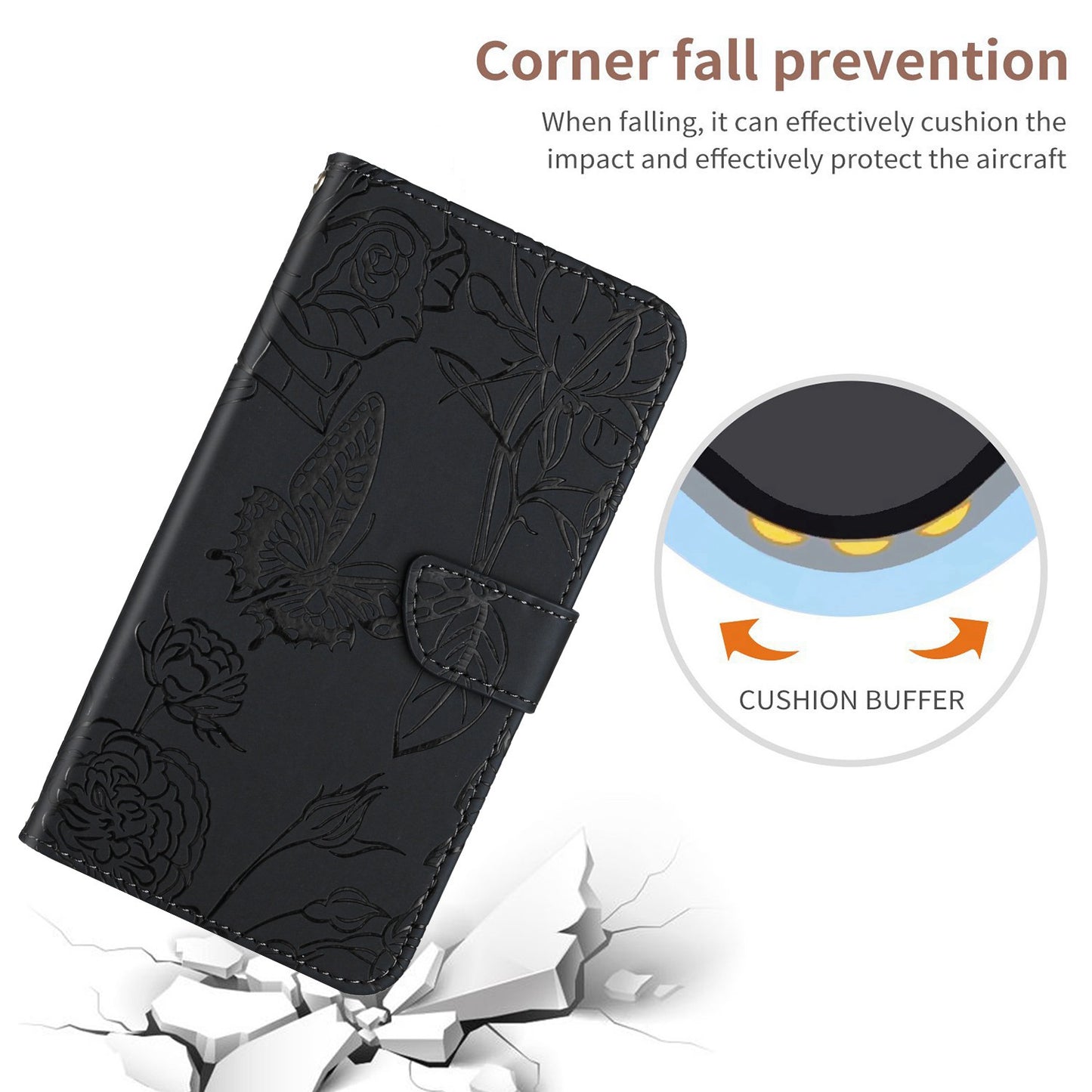 For Samsung Galaxy A41 (Global Version) Butterfly Flower Imprinted PU Leather Wallet Phone Cover TPU Inner Shell Skin-touch Feeling Stand Folio Case with Strap