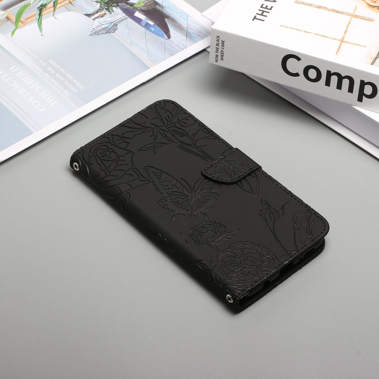 For Samsung Galaxy A41 (Global Version) Butterfly Flower Imprinted PU Leather Wallet Phone Cover TPU Inner Shell Skin-touch Feeling Stand Folio Case with Strap