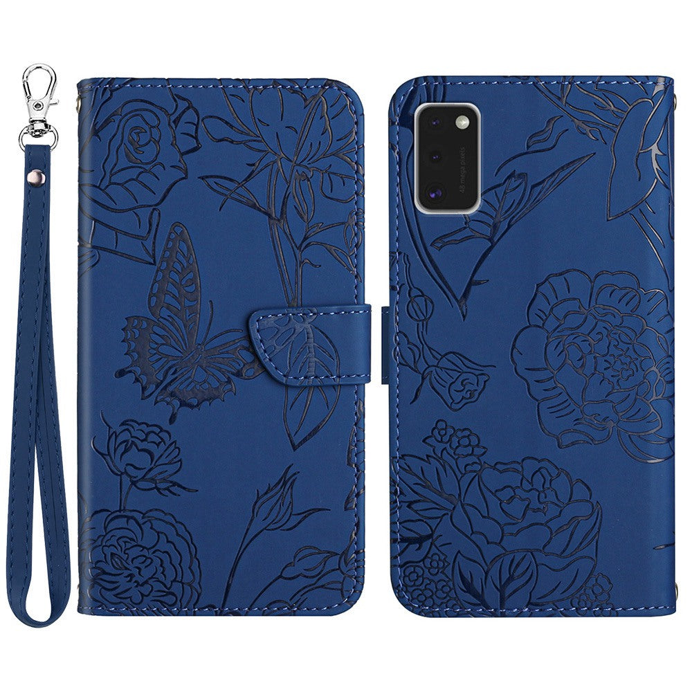 For Samsung Galaxy A41 (Global Version) Butterfly Flower Imprinted PU Leather Wallet Phone Cover TPU Inner Shell Skin-touch Feeling Stand Folio Case with Strap
