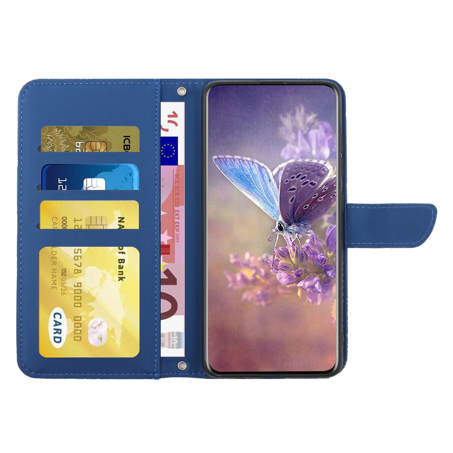 For Samsung Galaxy A41 (Global Version) Butterfly Flower Imprinted PU Leather Wallet Phone Cover TPU Inner Shell Skin-touch Feeling Stand Folio Case with Strap