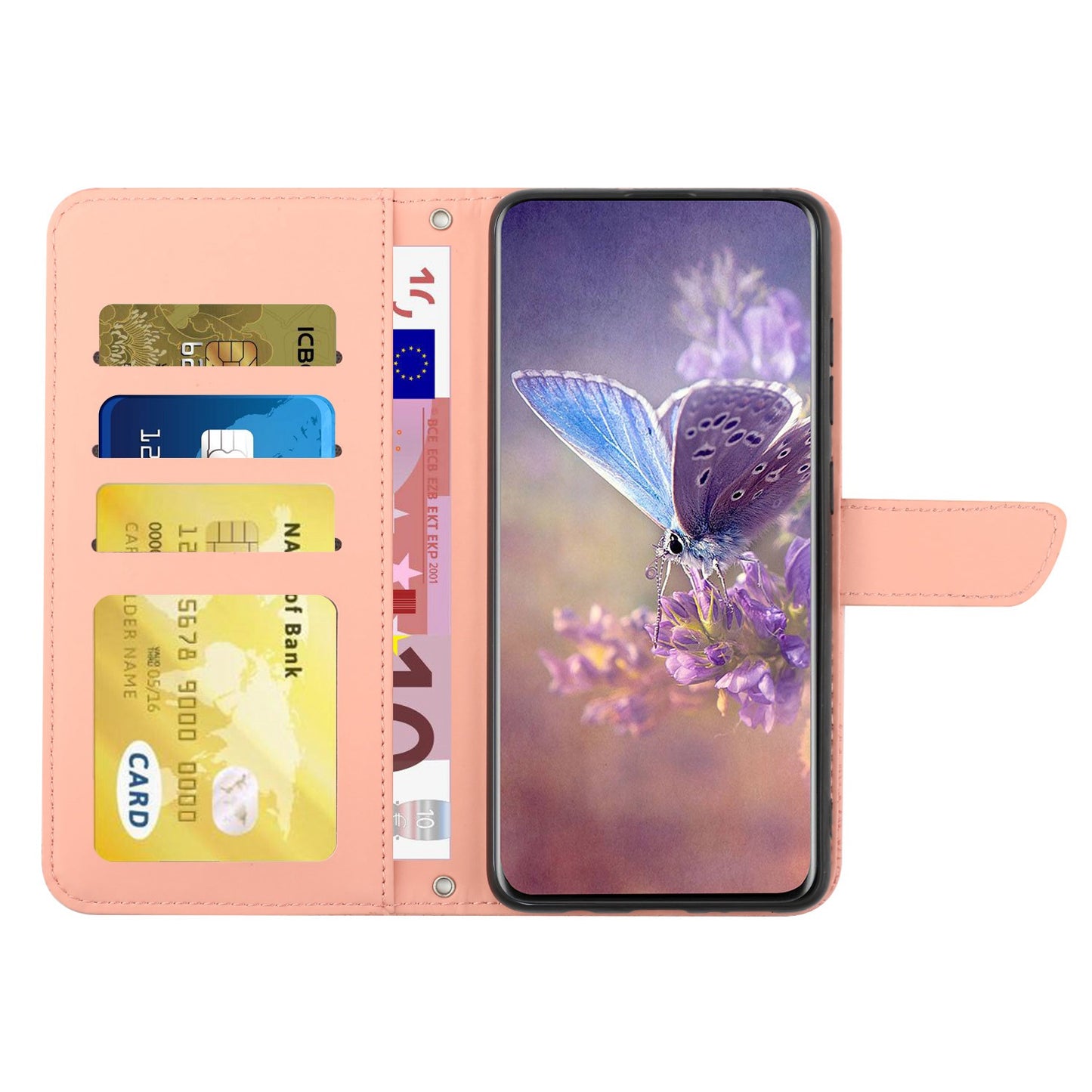 For Samsung Galaxy A41 (Global Version) Butterfly Flower Imprinted PU Leather Wallet Phone Cover TPU Inner Shell Skin-touch Feeling Stand Folio Case with Strap