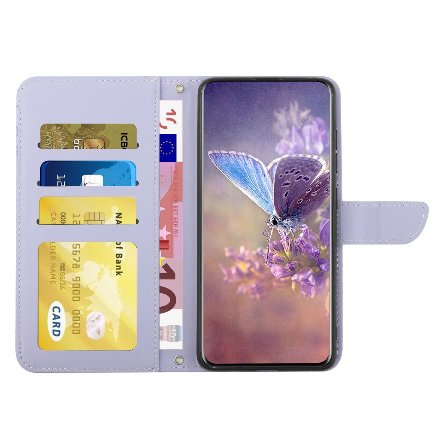 For Samsung Galaxy A41 (Global Version) Butterfly Flower Imprinted PU Leather Wallet Phone Cover TPU Inner Shell Skin-touch Feeling Stand Folio Case with Strap