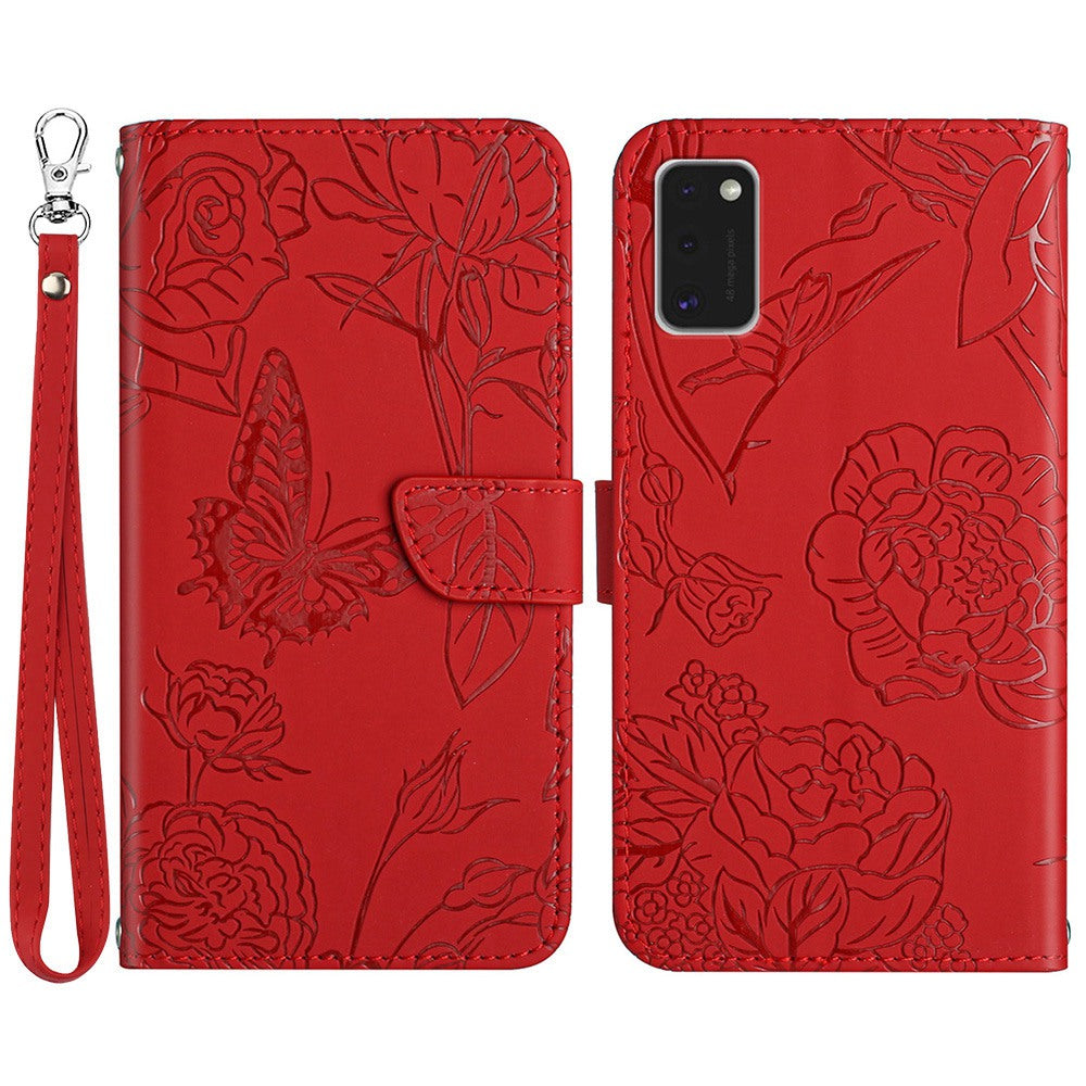 For Samsung Galaxy A41 (Global Version) Butterfly Flower Imprinted PU Leather Wallet Phone Cover TPU Inner Shell Skin-touch Feeling Stand Folio Case with Strap