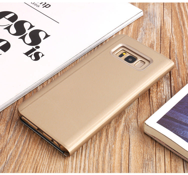 For Samsung Galaxy S8 Plus G955 Plated Mirror Surface View Leather Stand Mobile Case Smart Cell Phone Accessory