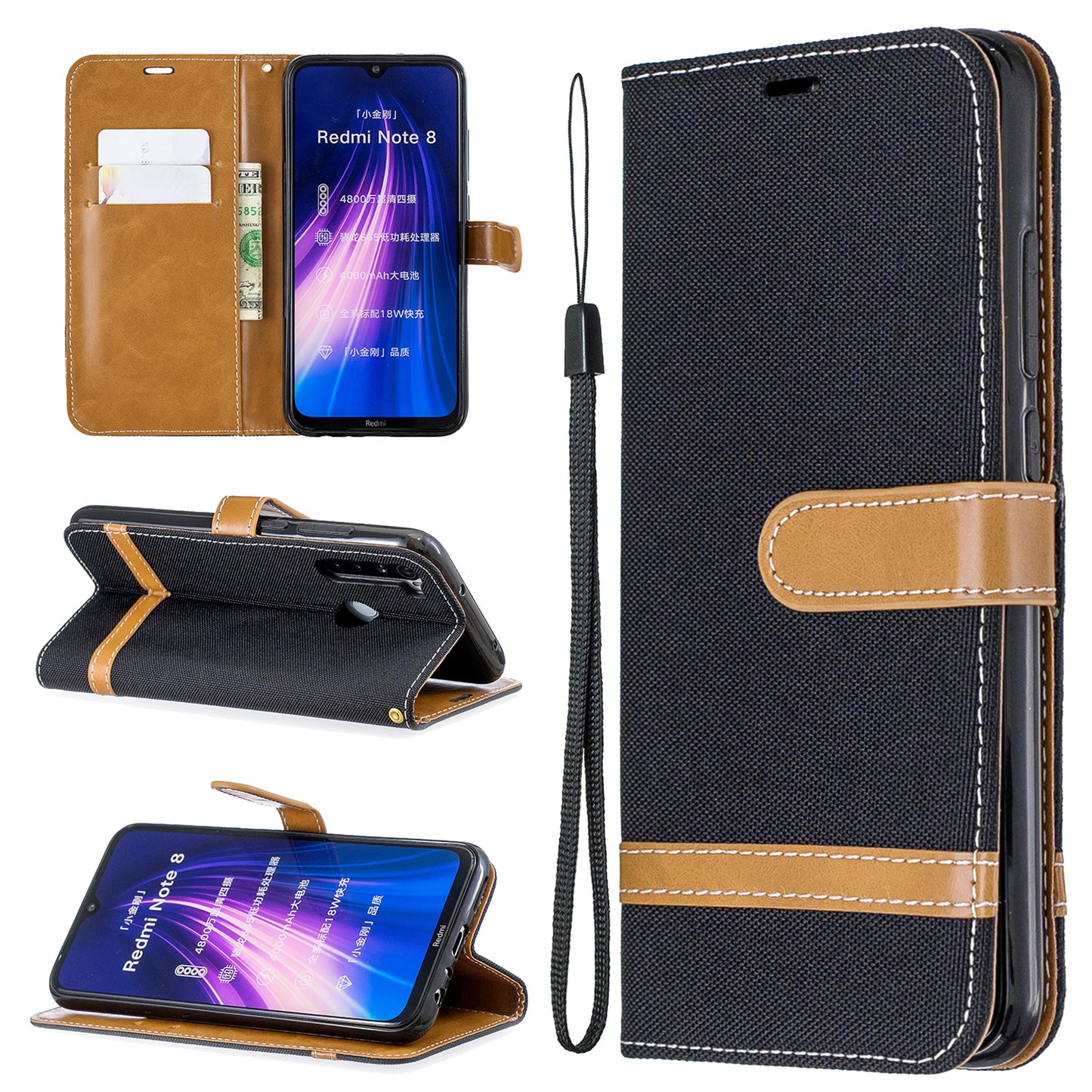 Assorted Color Jeans Cloth Leather Wallet Shell for Xiaomi Redmi Note 8