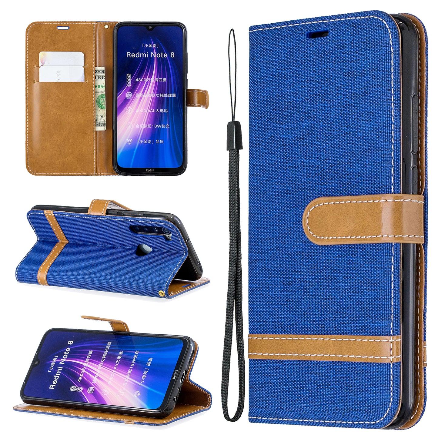 Assorted Color Jeans Cloth Leather Wallet Shell for Xiaomi Redmi Note 8