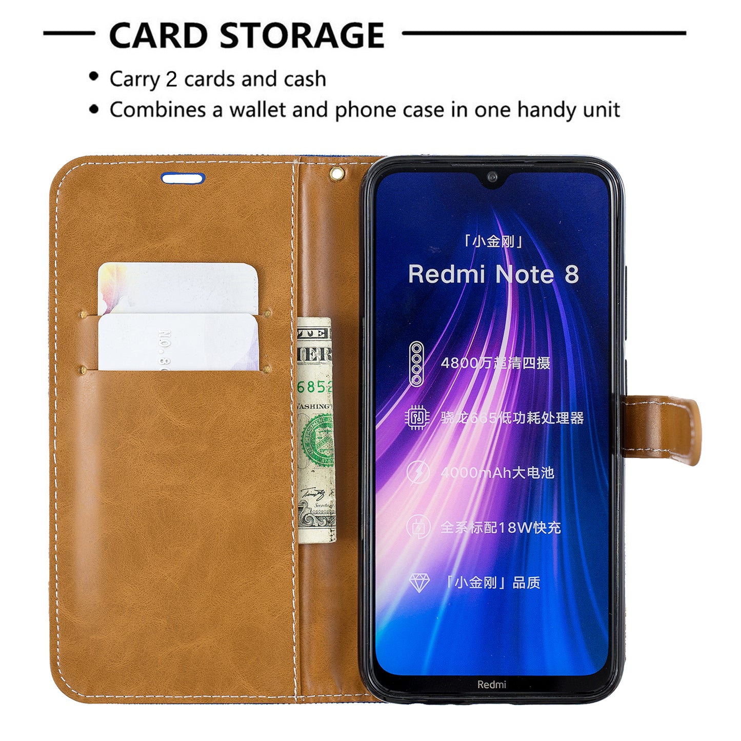 Assorted Color Jeans Cloth Leather Wallet Shell for Xiaomi Redmi Note 8