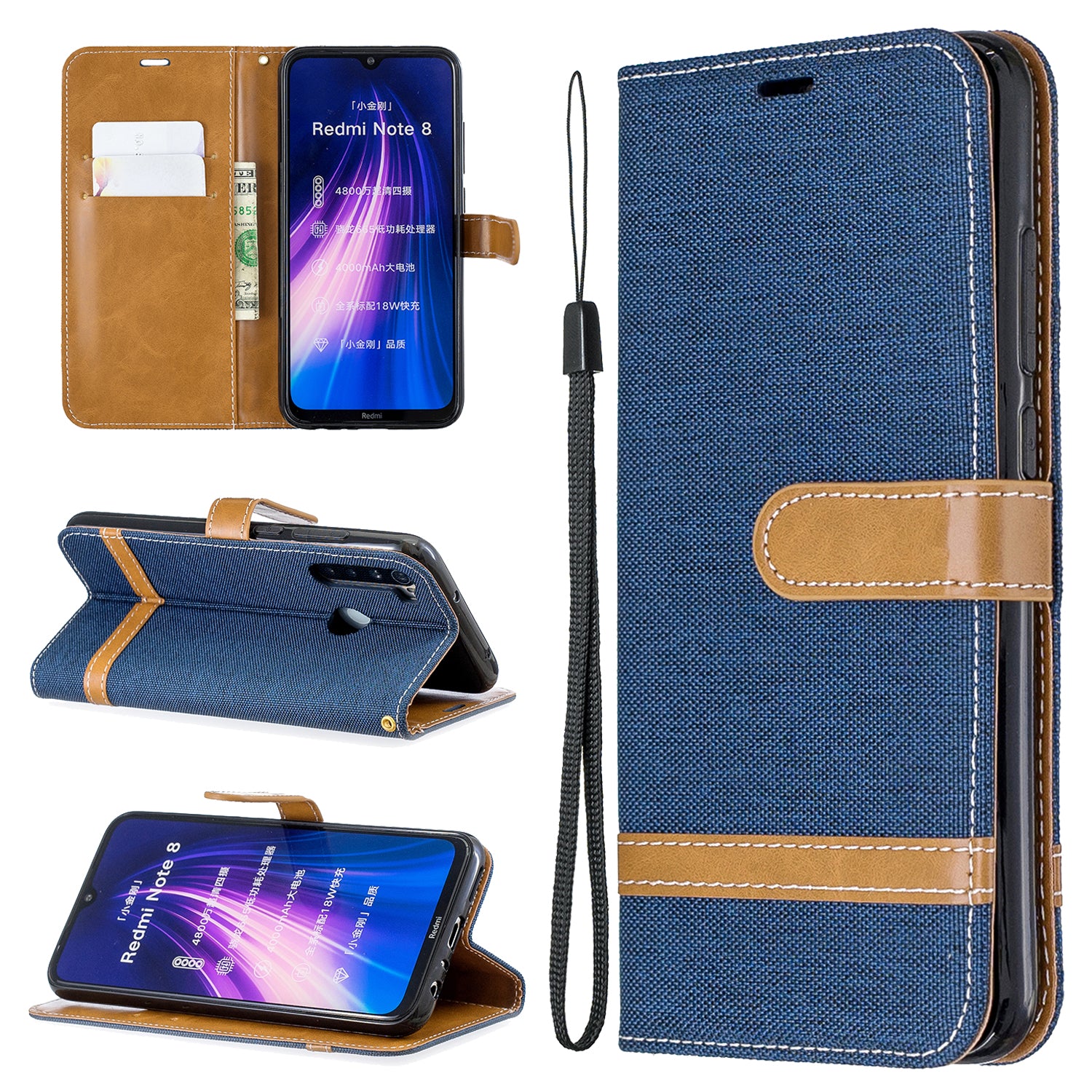 Assorted Color Jeans Cloth Leather Wallet Shell for Xiaomi Redmi Note 8