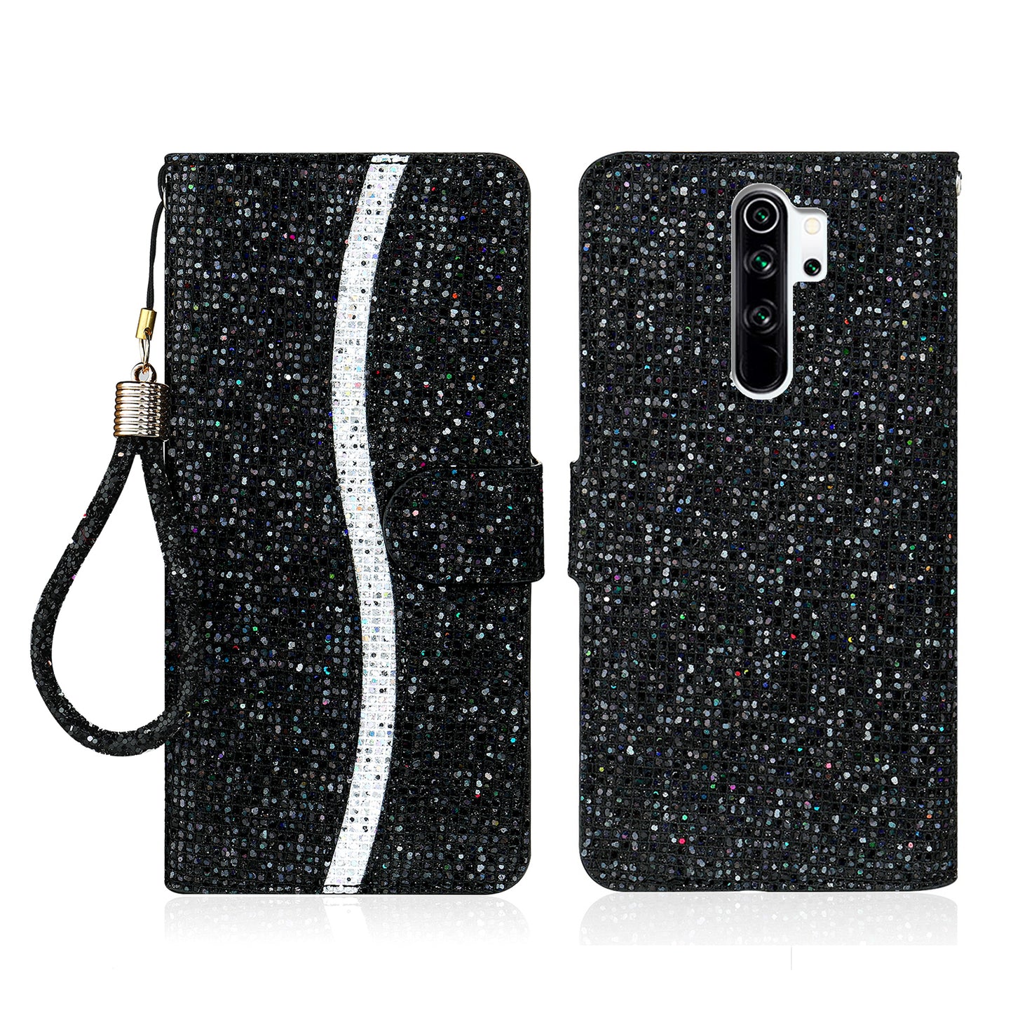 Phone Cover Glittery Powder Splicing Wallet Stand Leather Case for Xiaomi Redmi Note 8 Pro
