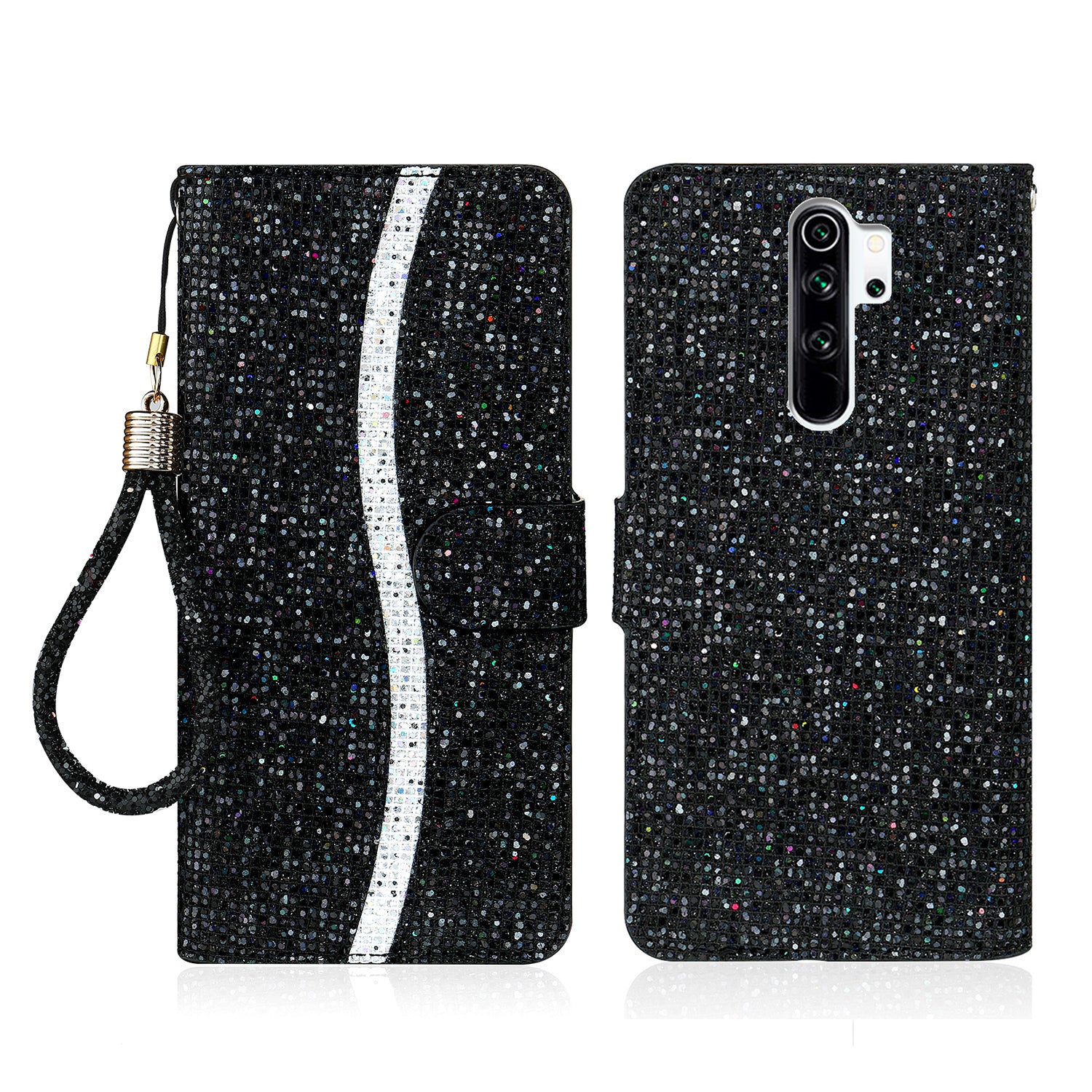 Phone Cover Glittery Powder Splicing Wallet Stand Leather Case for Xiaomi Redmi Note 8 Pro