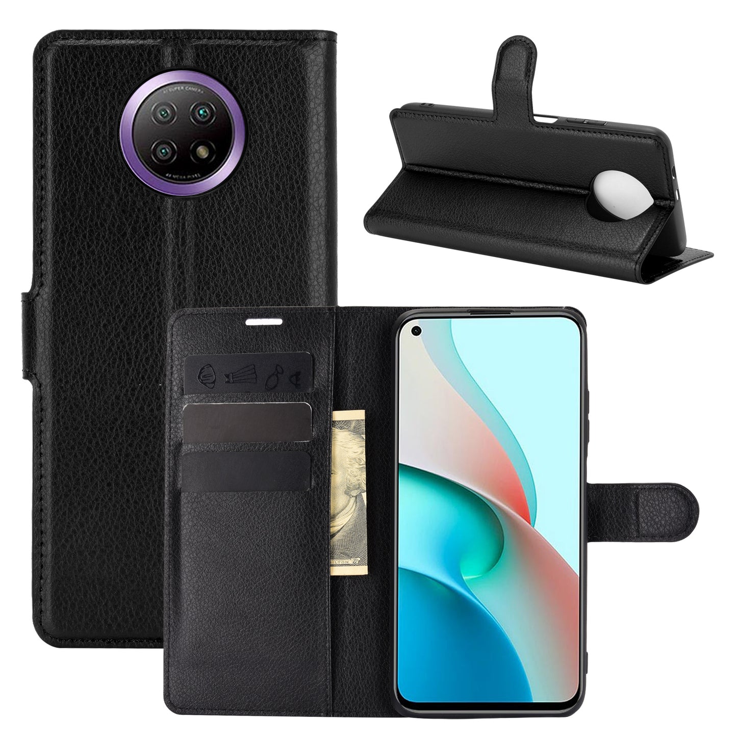 Wallet Design Folio Flip Litchi Texture Leather Phone Case with Stand for Xiaomi Redmi Note 9 5G/Note 9T 5G
