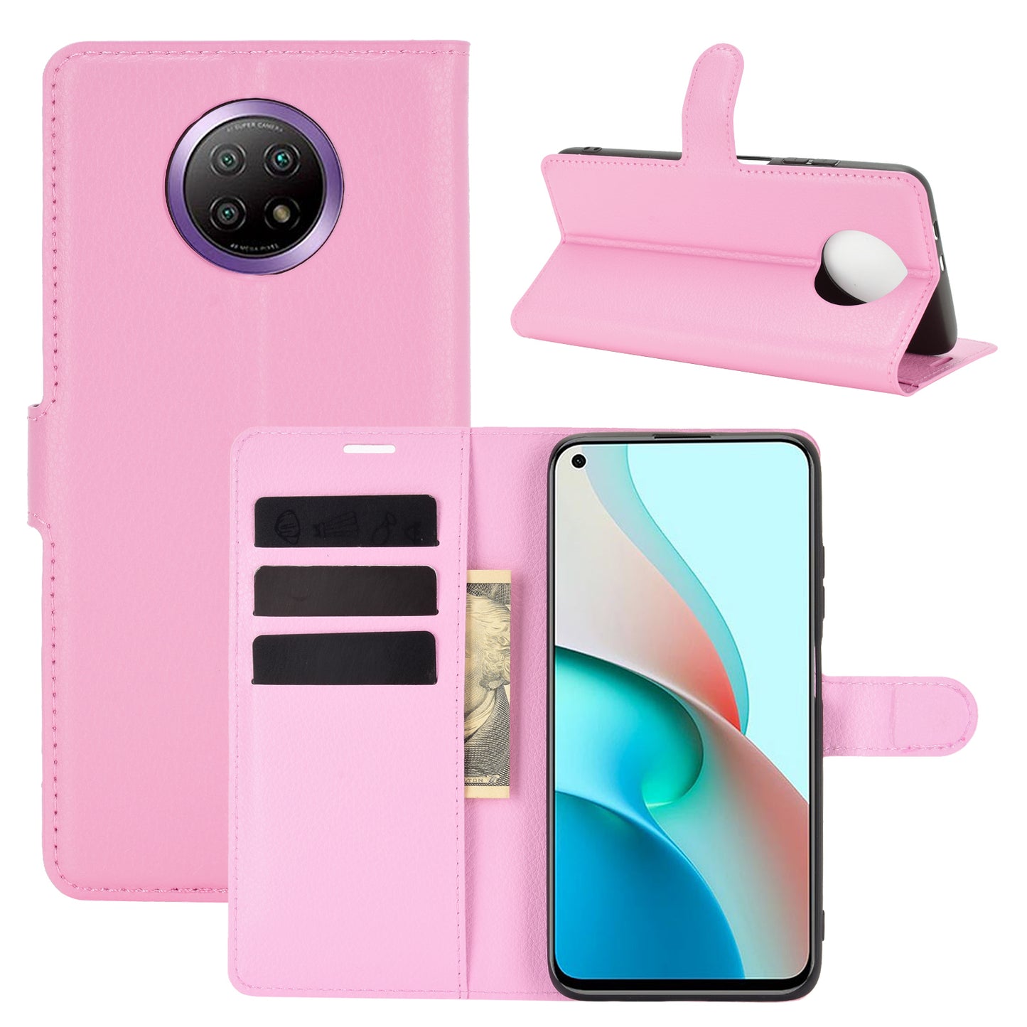 Wallet Design Folio Flip Litchi Texture Leather Phone Case with Stand for Xiaomi Redmi Note 9 5G/Note 9T 5G