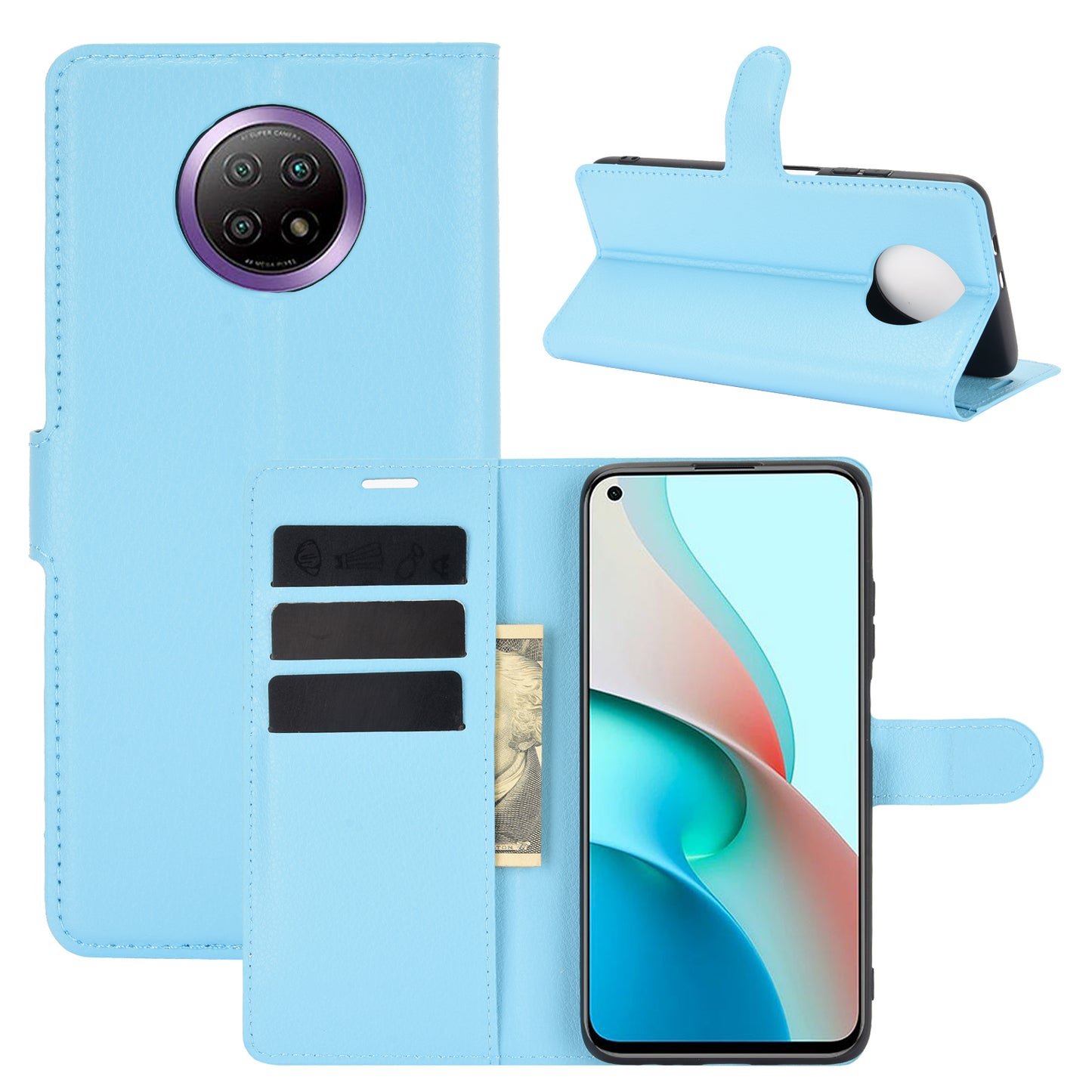 Wallet Design Folio Flip Litchi Texture Leather Phone Case with Stand for Xiaomi Redmi Note 9 5G/Note 9T 5G