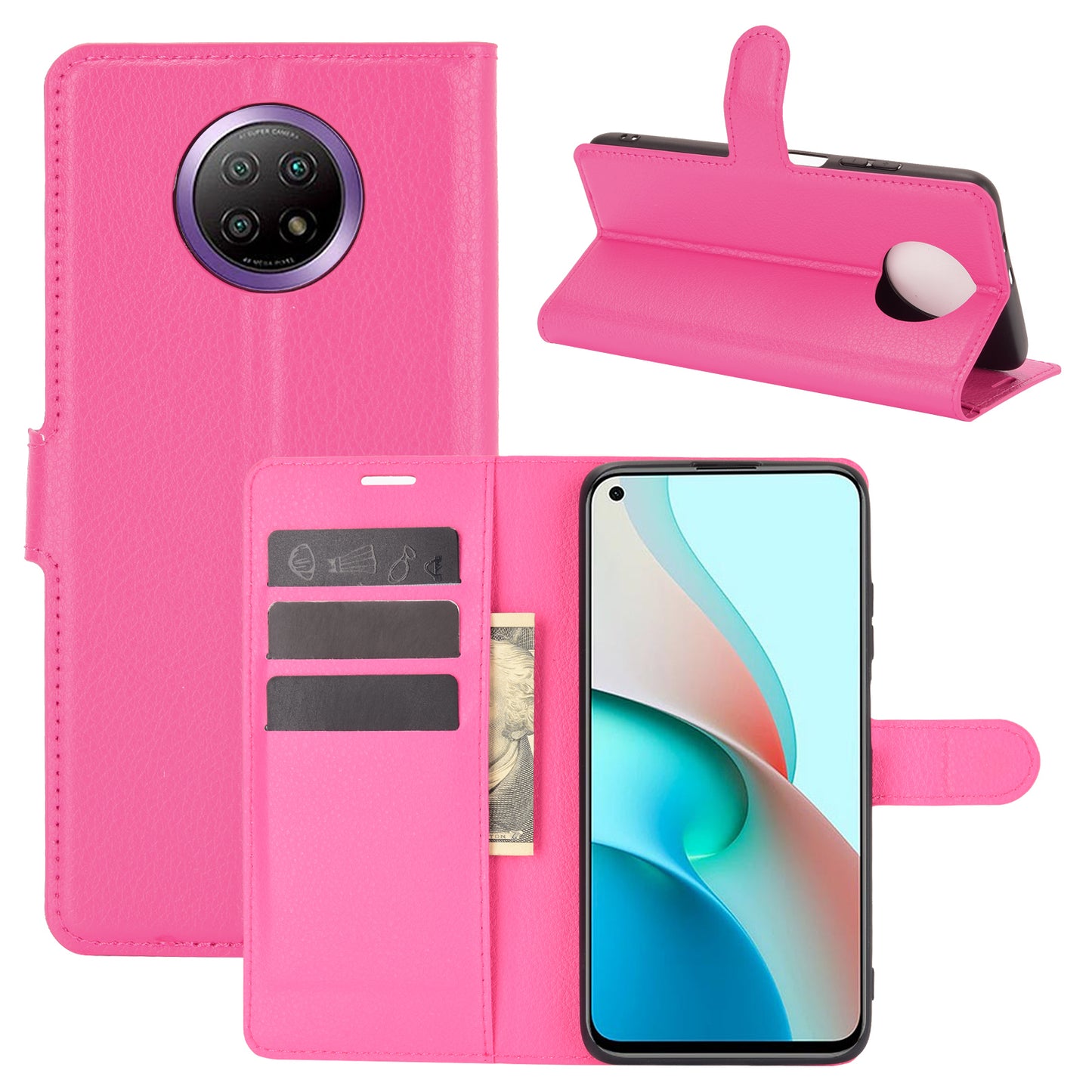 Wallet Design Folio Flip Litchi Texture Leather Phone Case with Stand for Xiaomi Redmi Note 9 5G/Note 9T 5G