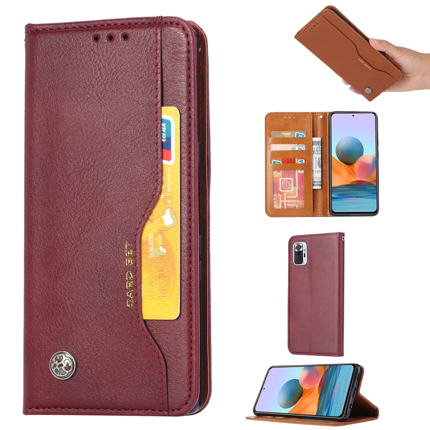 Wallet Stand Auto-absorbed Leather Protector Phone Cover for Xiaomi Redmi Note 10 4G / Redmi Note 10S / Poco M5s 4G