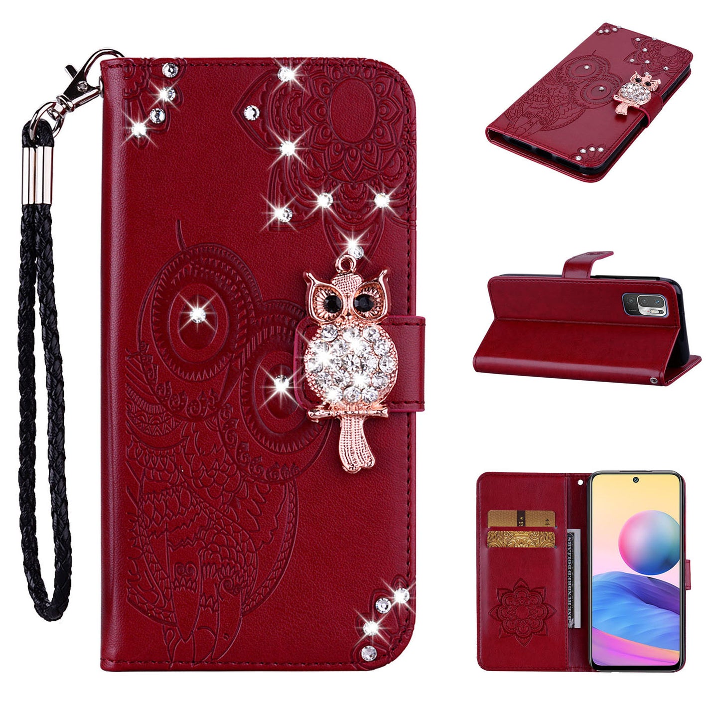 Owl Imprint Rhinestone Decor Leather Phone Cover for Xiaomi Redmi Note 10 5G/Poco M3 Pro 5G/4G