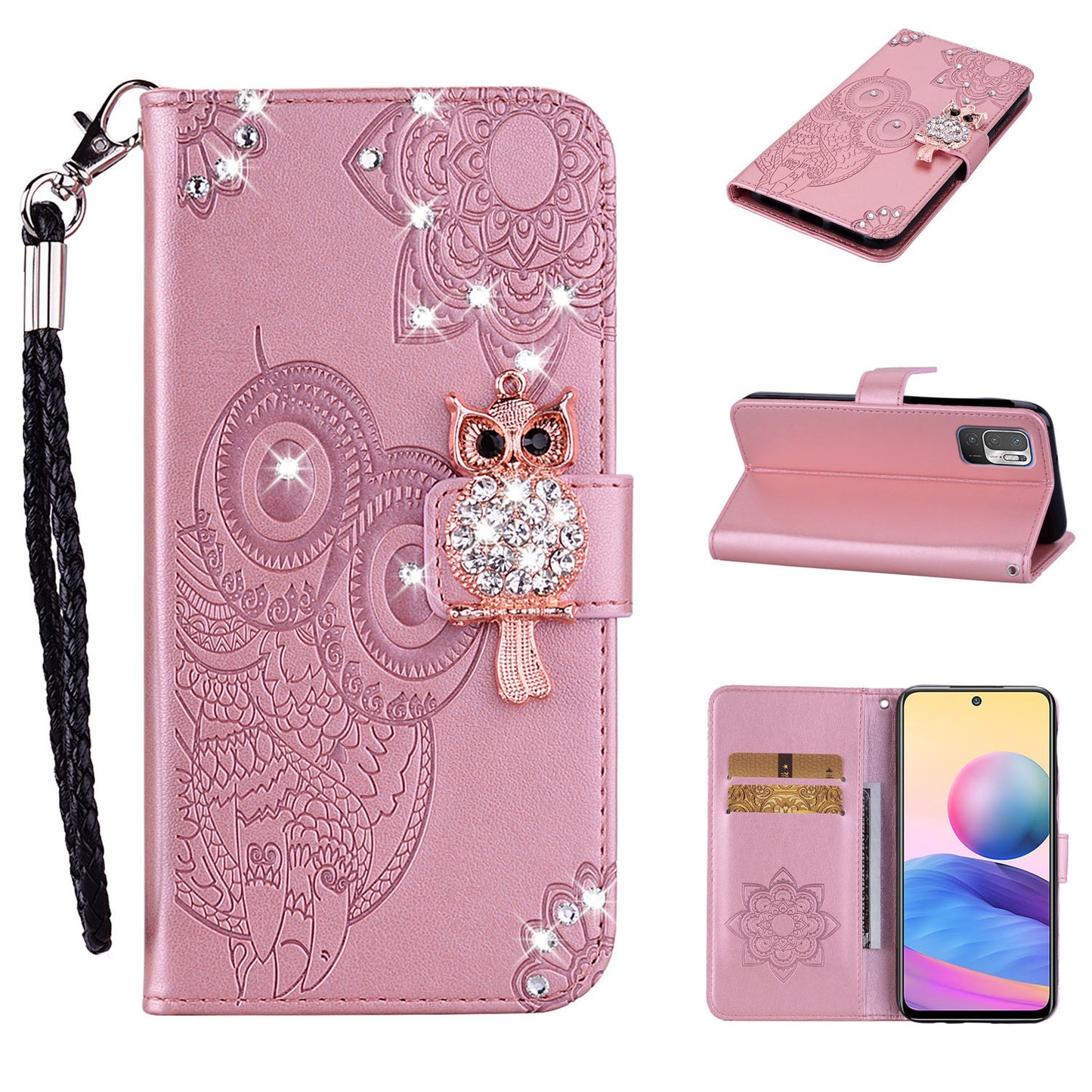 Owl Imprint Rhinestone Decor Leather Phone Cover for Xiaomi Redmi Note 10 5G/Poco M3 Pro 5G/4G